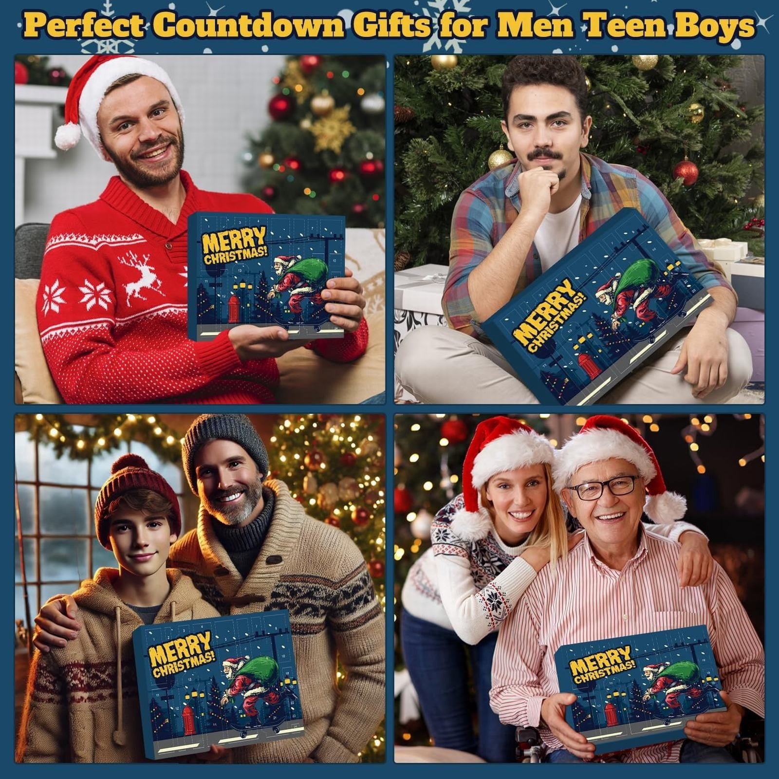 Vier Felder zeigen verschiedene Personen mit einer Merry Christmas Adventskalender-Geschenkbox vor Tannenbäumen.