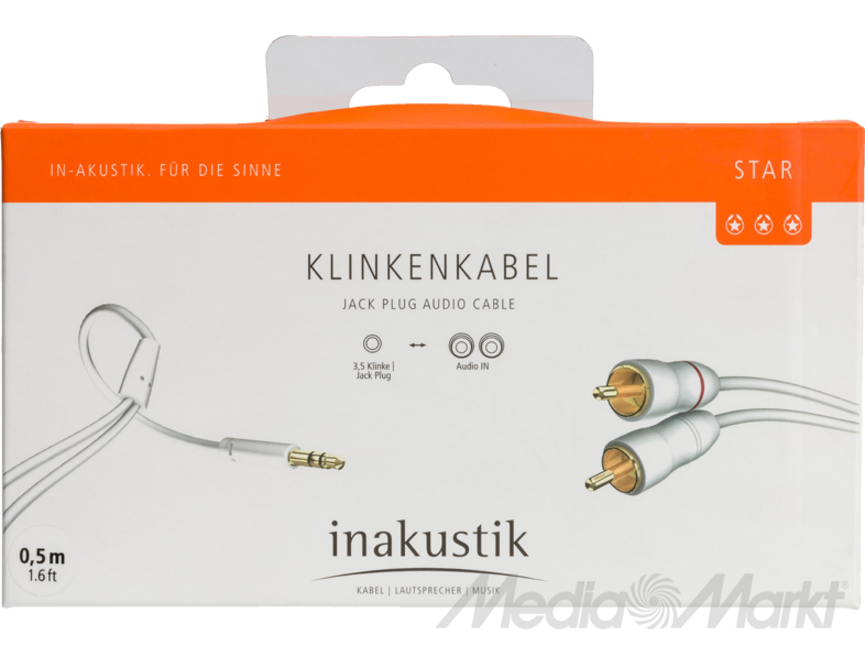 Eine orange-weiße In-Akustik-Audiokabelverpackung mit Klinkenstecker und Cinch-Anschlüssen.