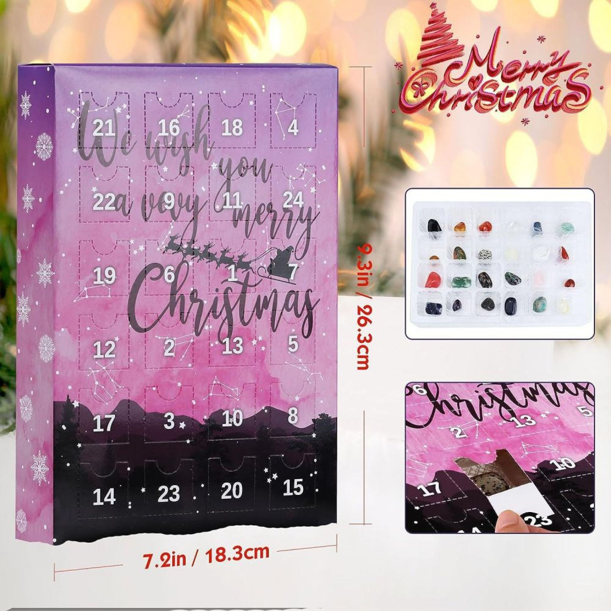 Lila Weihnachtskalender mit nummerierten Türchen und Kristallsteinen als Inhalt.