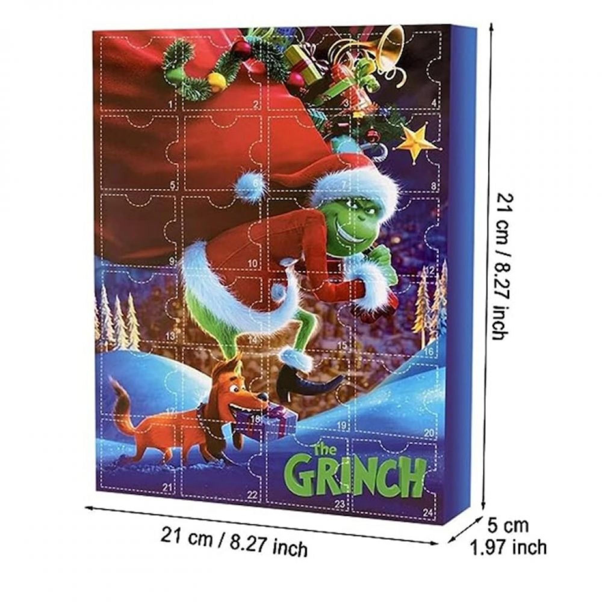 Grinch Adventskalender mit Maßen von 21x21x5 cm, zeigt den Grinch und seinen Hund Max in einer Winterlandschaft.