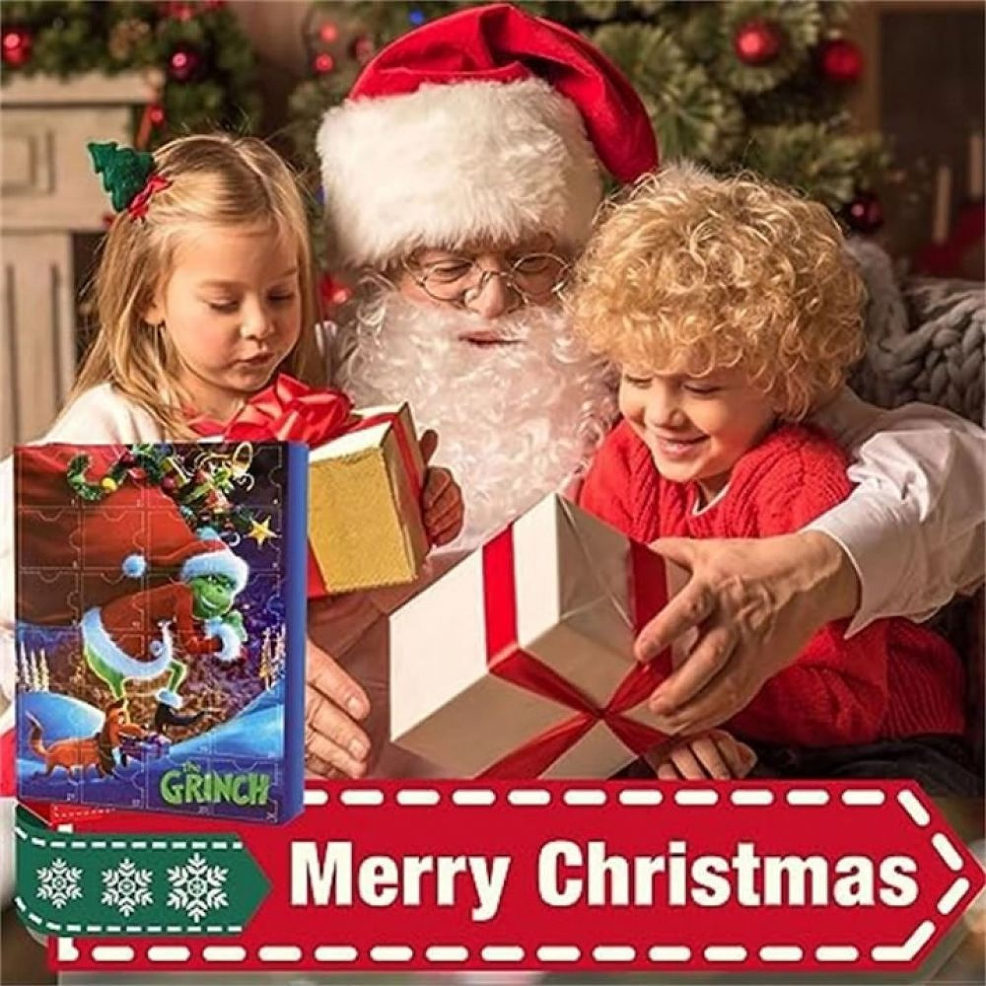 Der Weihnachtsmann öffnet Geschenke mit Kindern, daneben ein Grinch-Adventskalender und die Aufschrift 'Merry Christmas'.