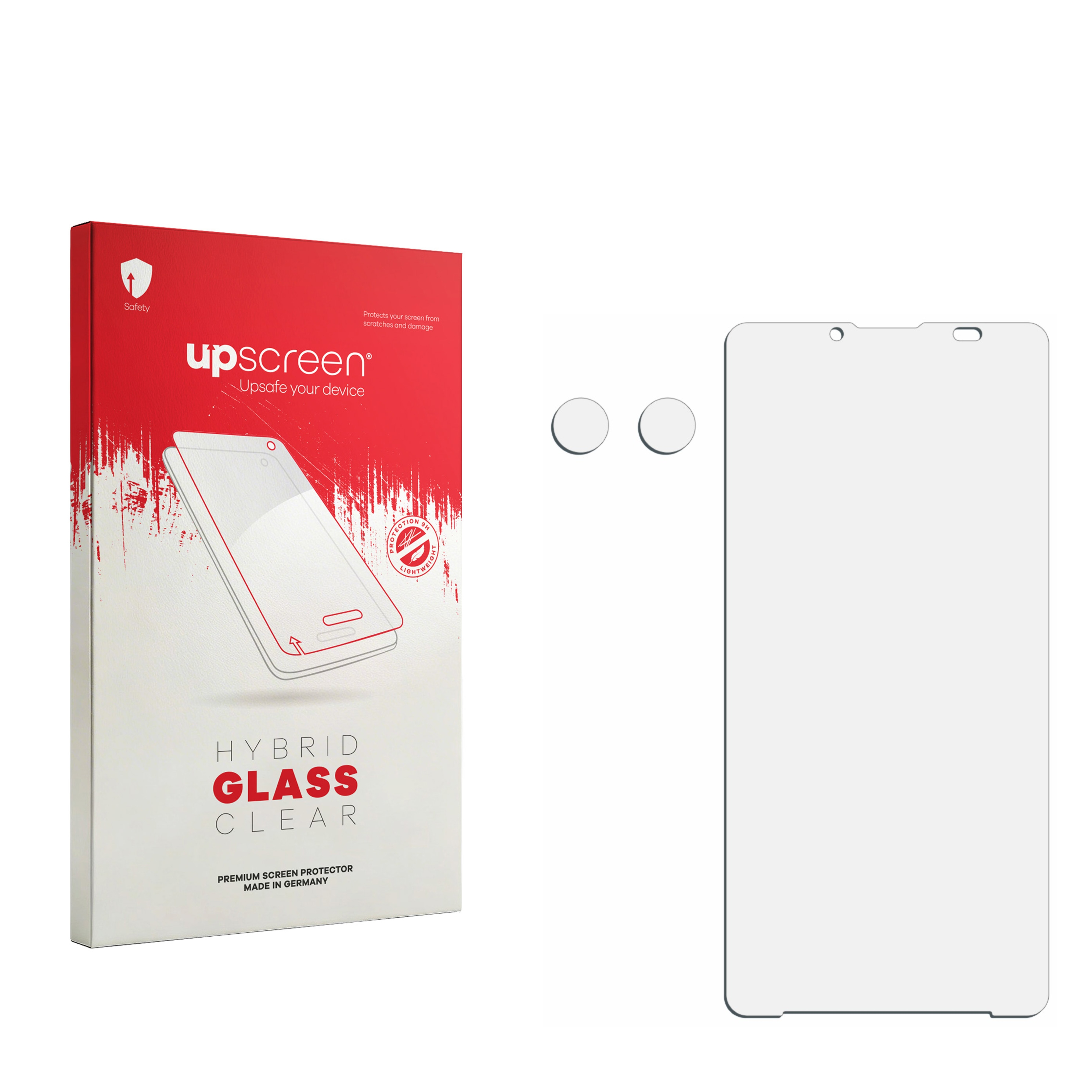Upscreen Hybrid Glass Clear Displayschutzverpackung mit Schutzfolie und zwei runden Stickern.