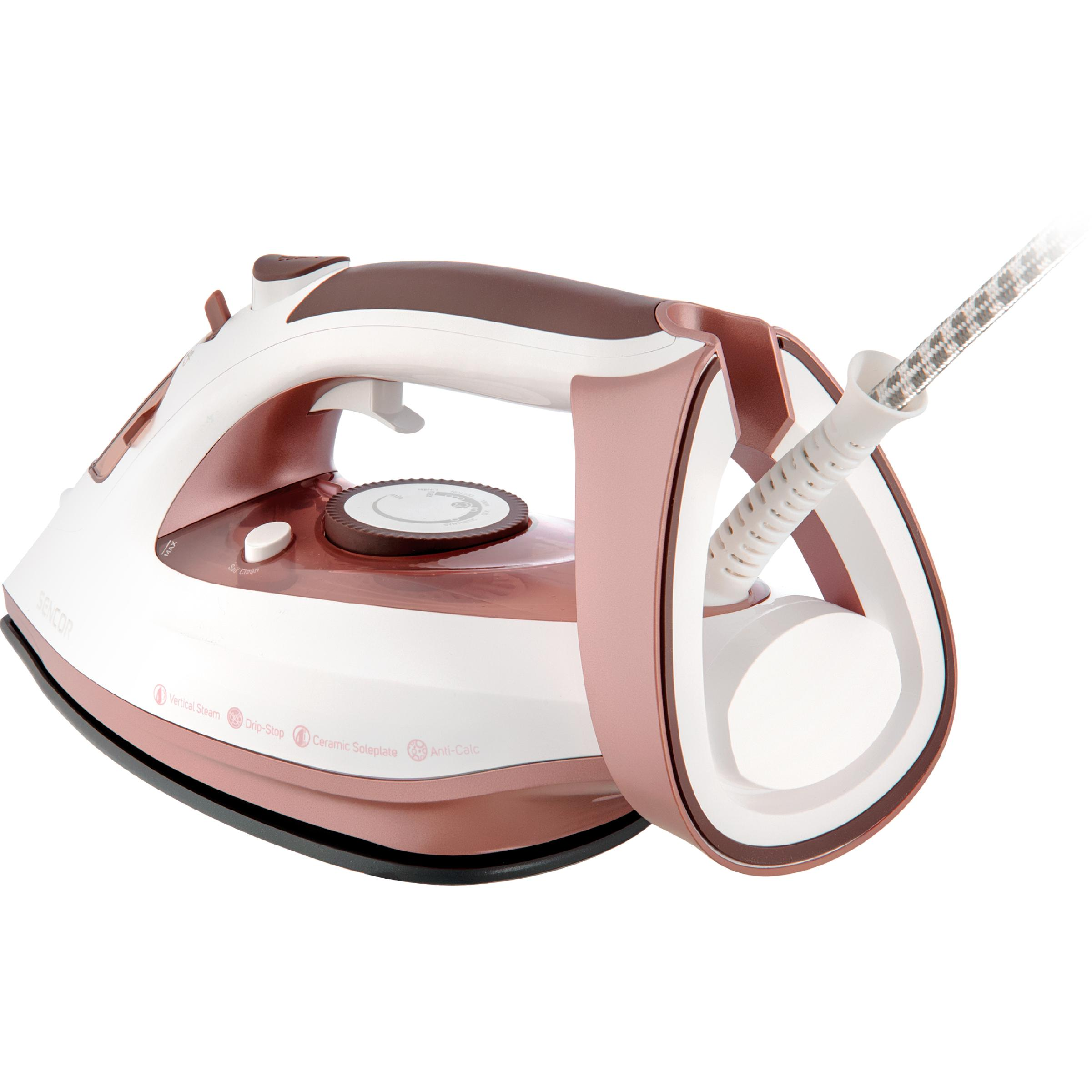Una plancha de vapor blanca y oro rosa con un cable revestido de tela sobre fondo blanco.