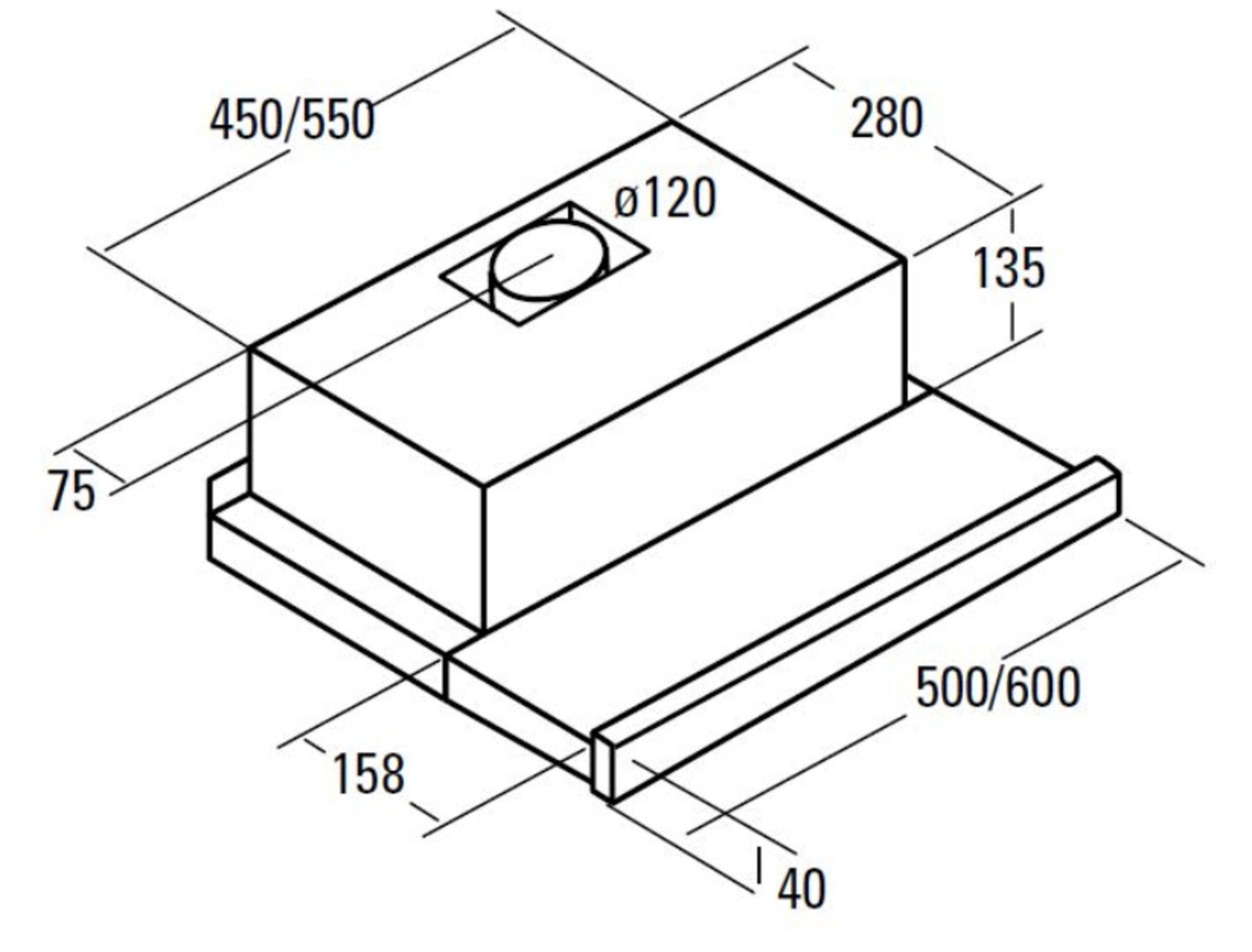 Dibujo técnico de una campana extractora con dimensiones en milímetros.