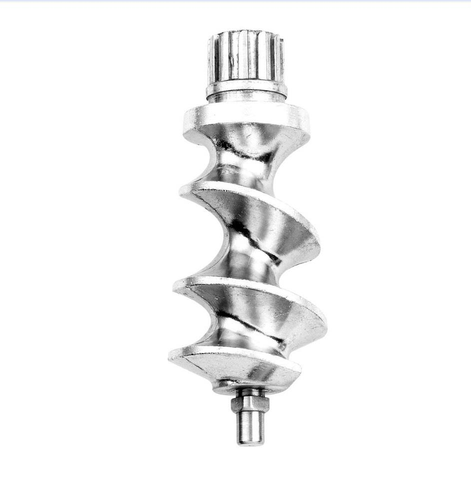 Spiral dişli ve her iki ucunda dişliler bulunan gümüş renkli metal kıyma makinesi heleni.