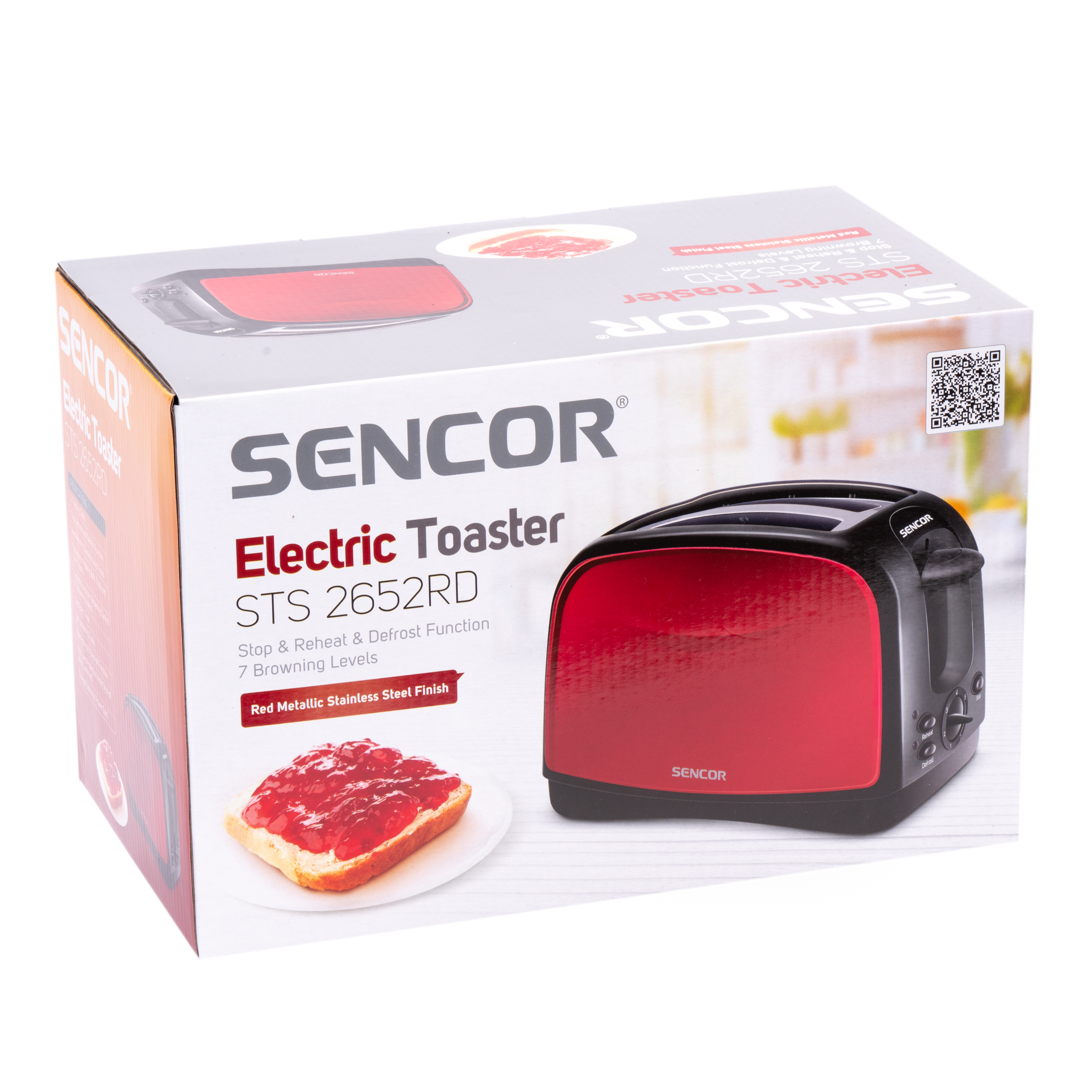 Caja de una tostadora eléctrica roja Sencor STS 2652RD con tostada y mermelada.