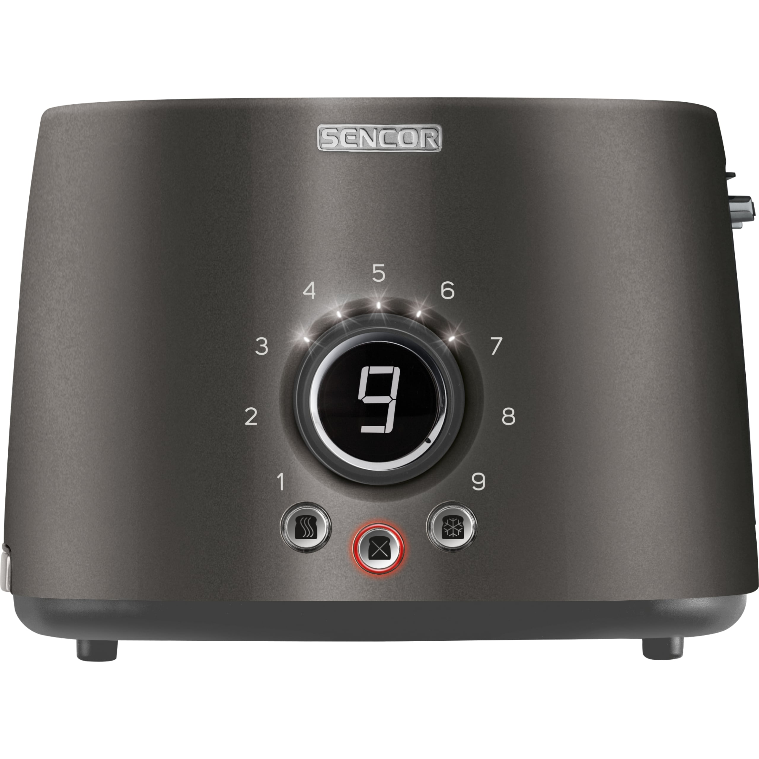 Dark grey Sencor toaster featuring a digital display showing setting 9 and control buttons.