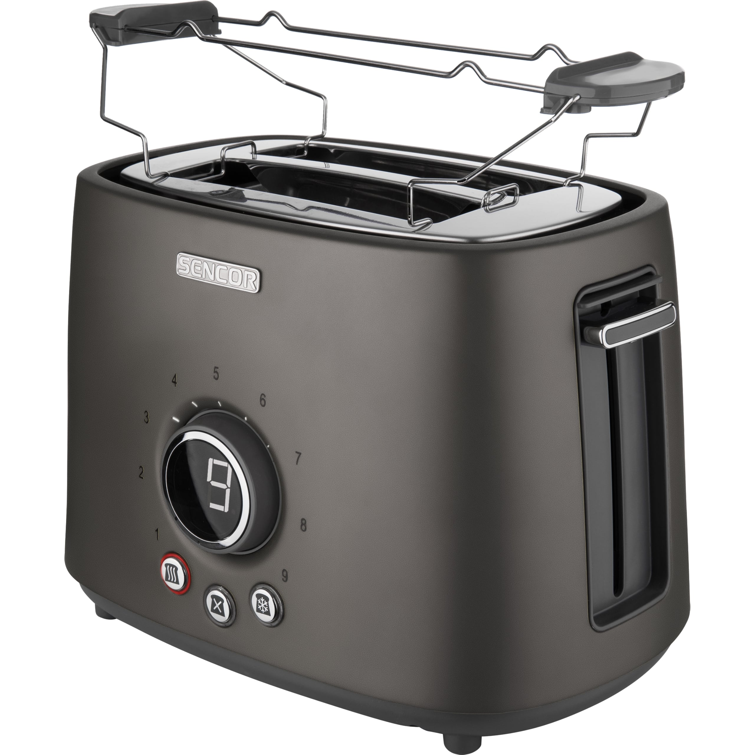 Gray Sencor toaster with digital display, buttons, and top rack on a white background.