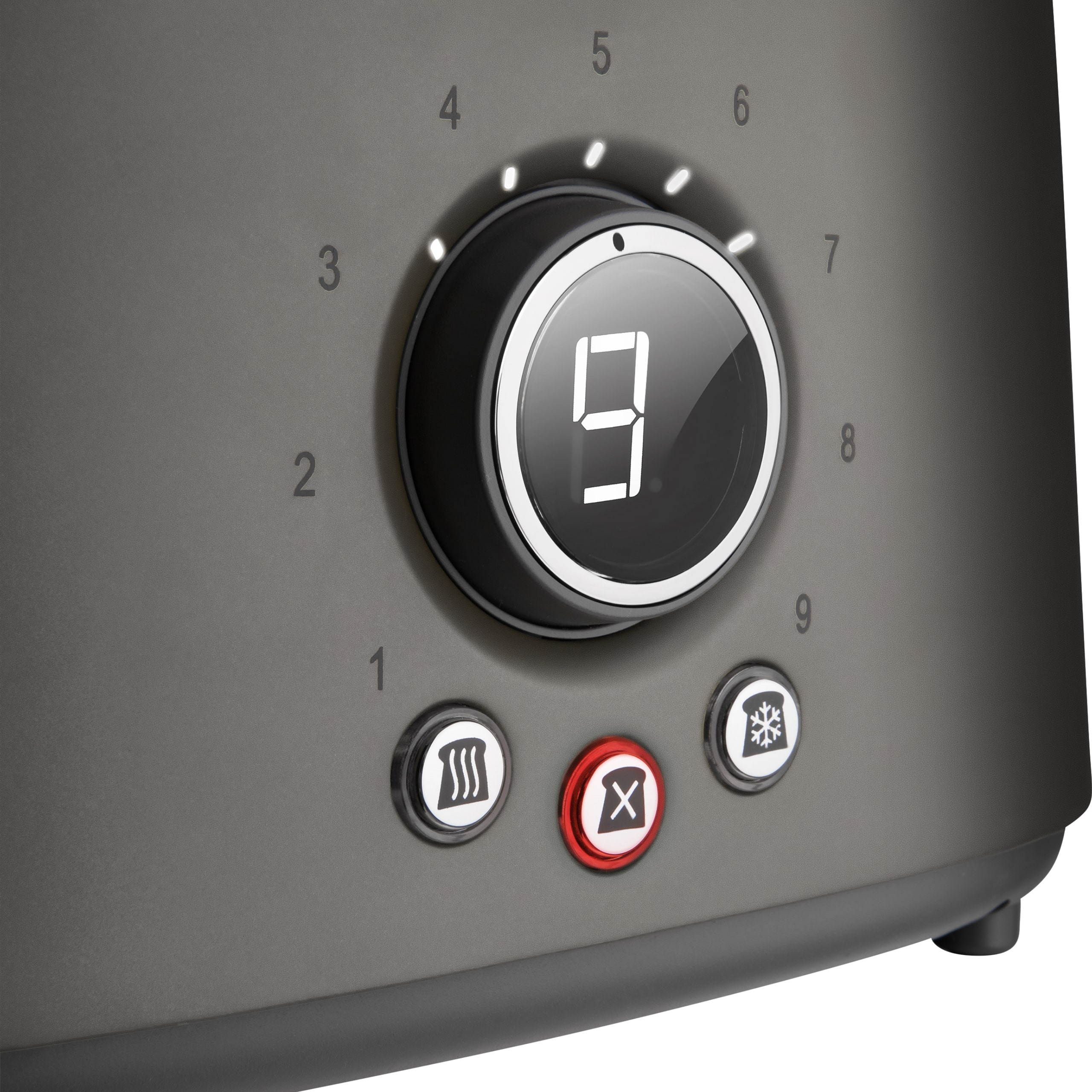 A dark gray toaster control panel with a digital knob displaying the number nine and three function buttons below.