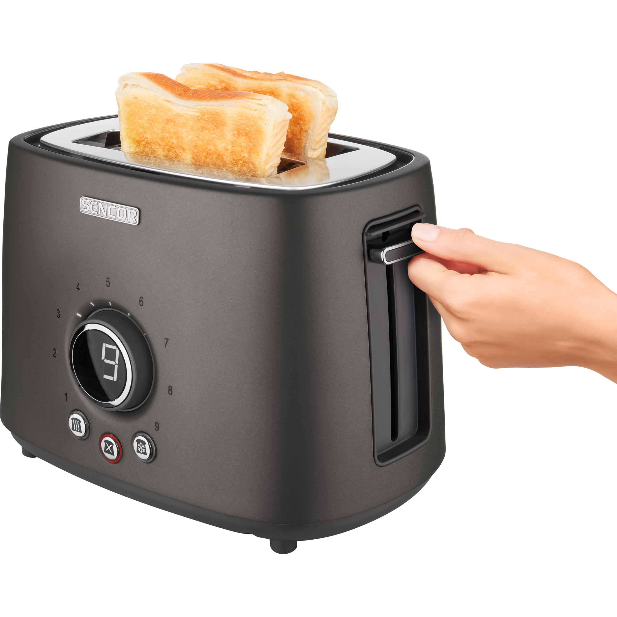 A hand pushes down the lever of a modern black Sencor toaster with two slices of golden toast inside.