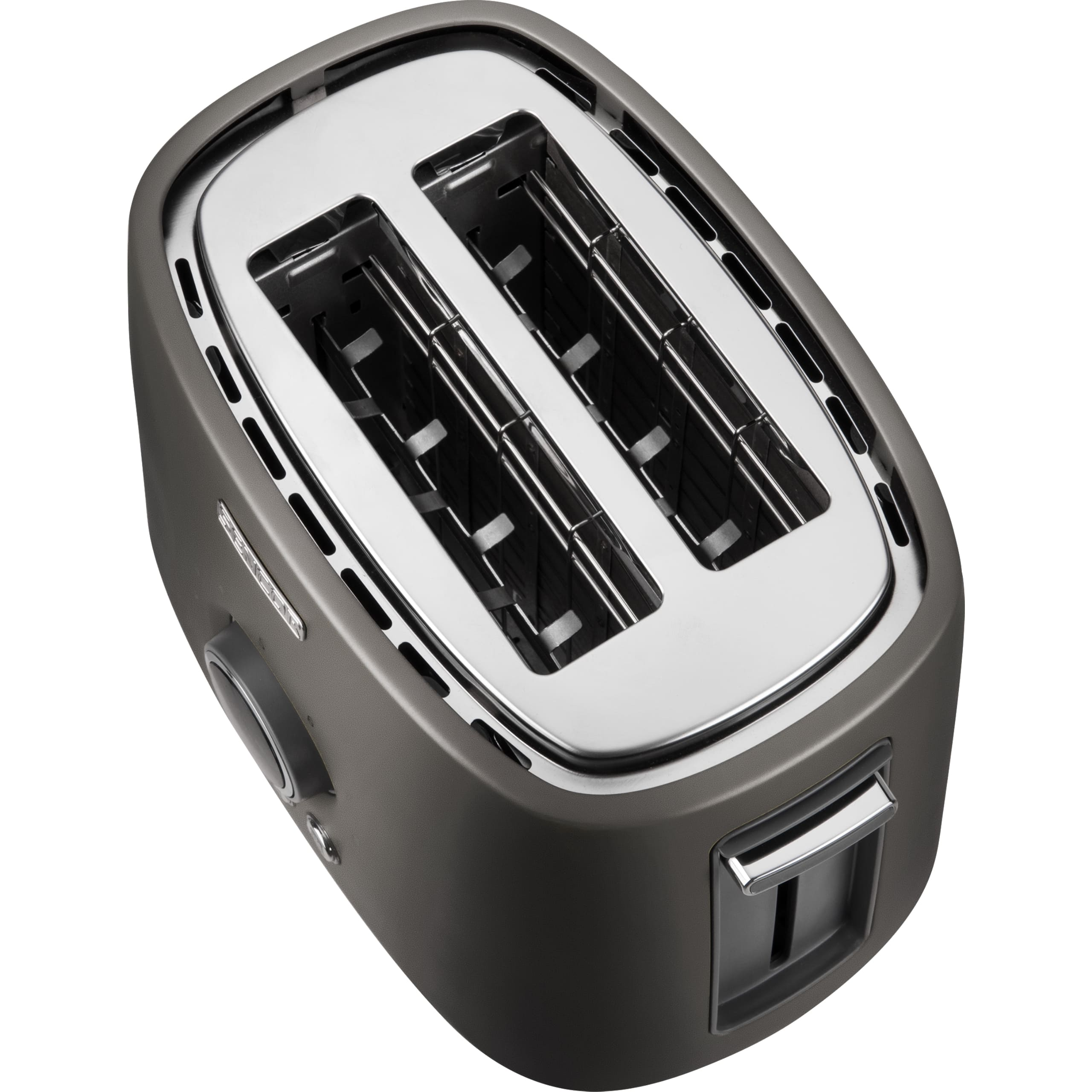 A gray two-slot toaster seen from above with silver slots.