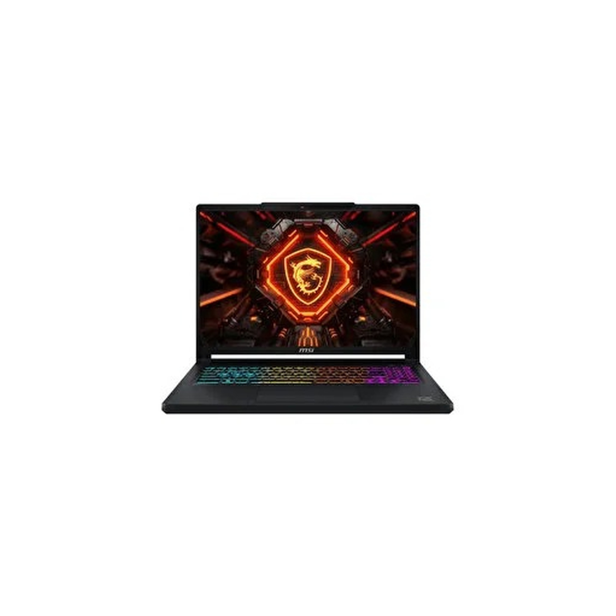 Ekranında aydınlatmalı MSI ejderha logosu ve renkli arkadan aydınlatmalı klavyesi olan siyah bir oyun dizüstü bilgisayarı.