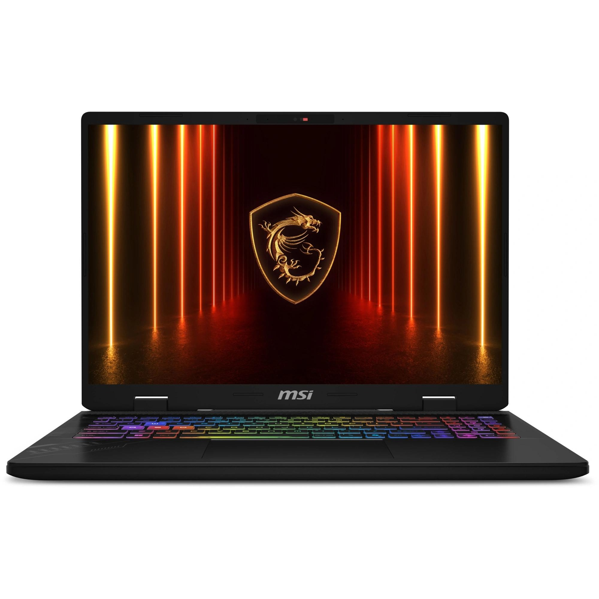 Parlayan ejderha kalkanı logosu ve renkli RGB arkadan aydınlatmalı klavyeye sahip siyah bir MSI oyuncu dizüstü bilgisayarı.