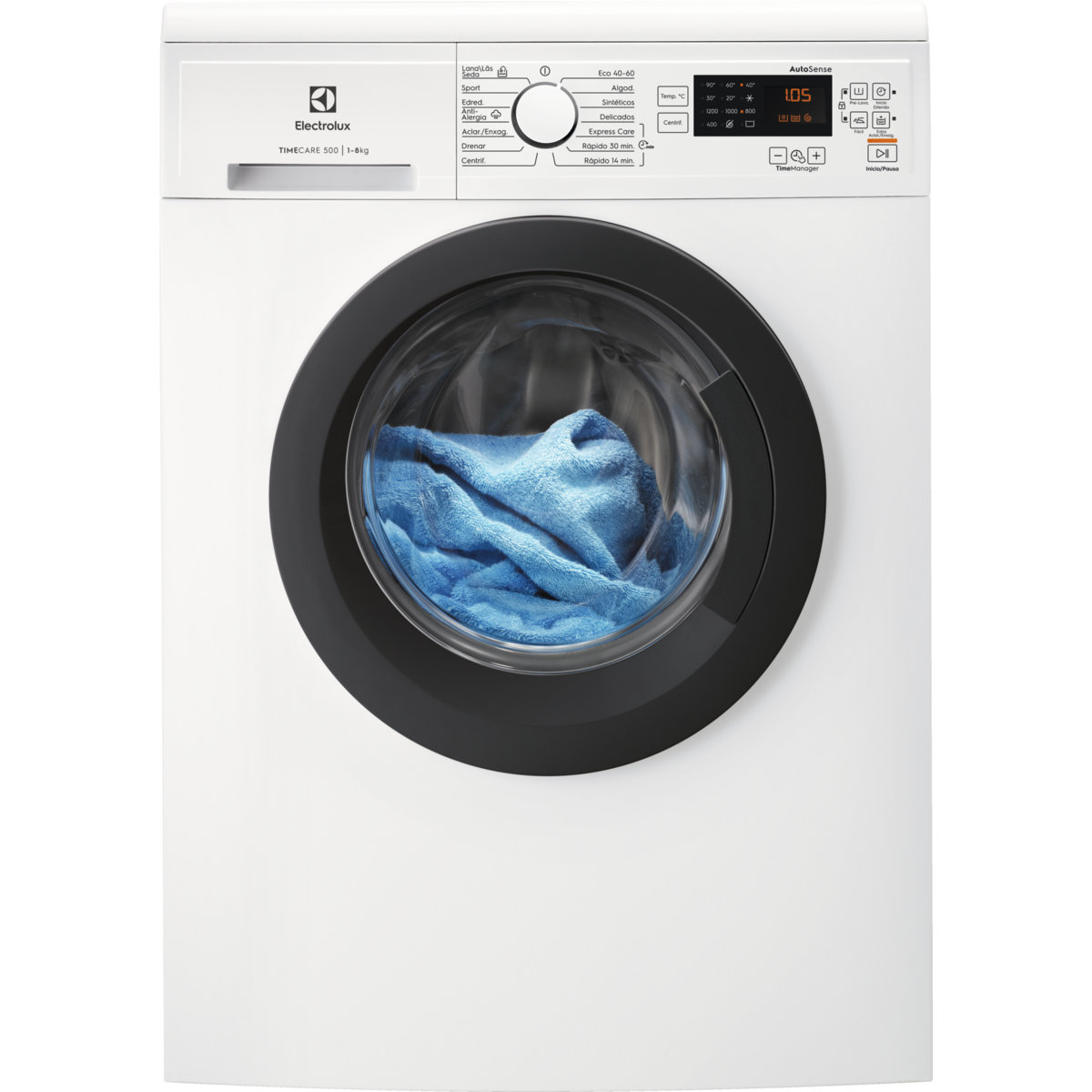 Una lavadora frontal blanca Electrolux con ropa azul dentro del tambor.