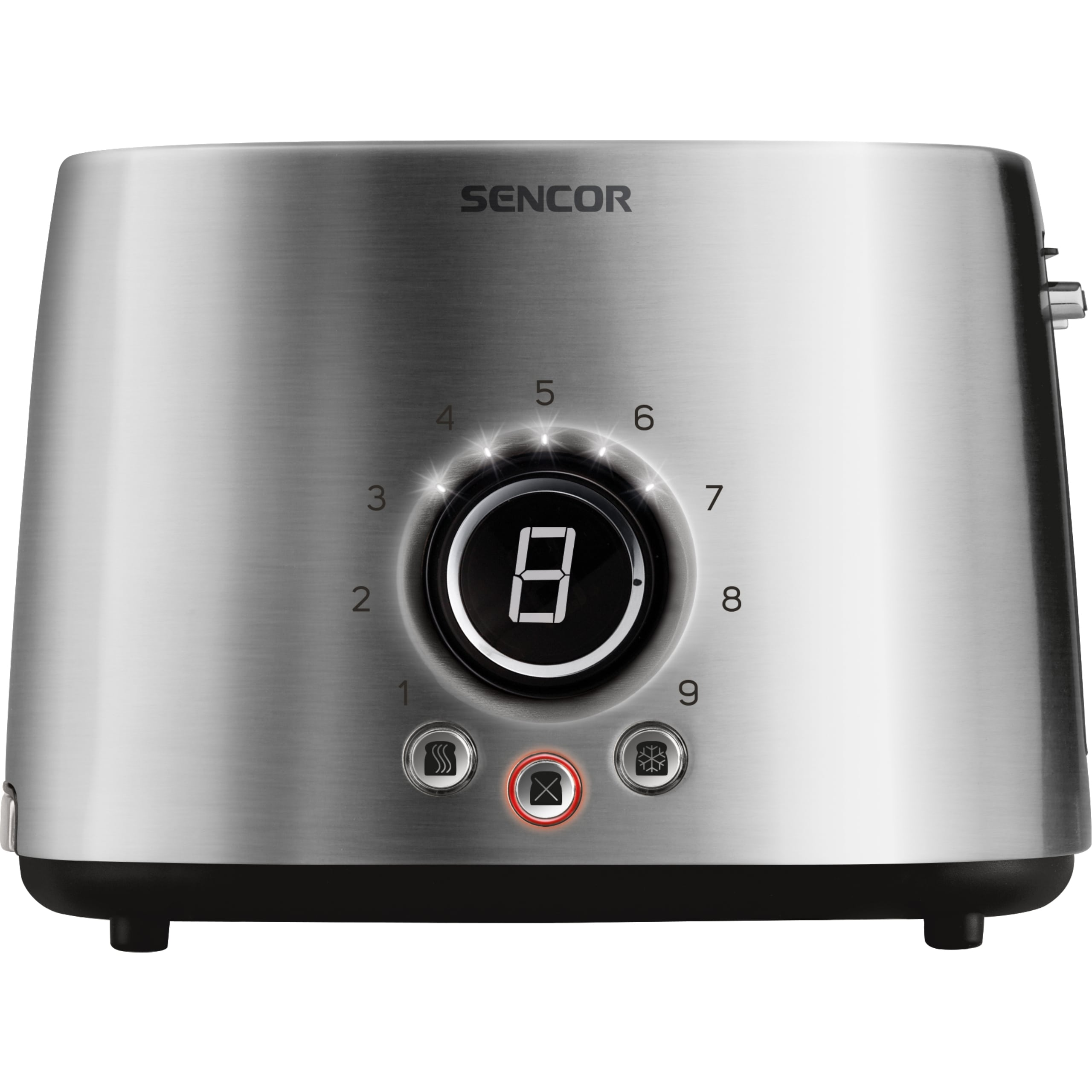 Ein silberner Sencor Toaster mit digitalem Display, Bräunungsstufen von 1 bis 9 und beleuchteten Knöpfen.