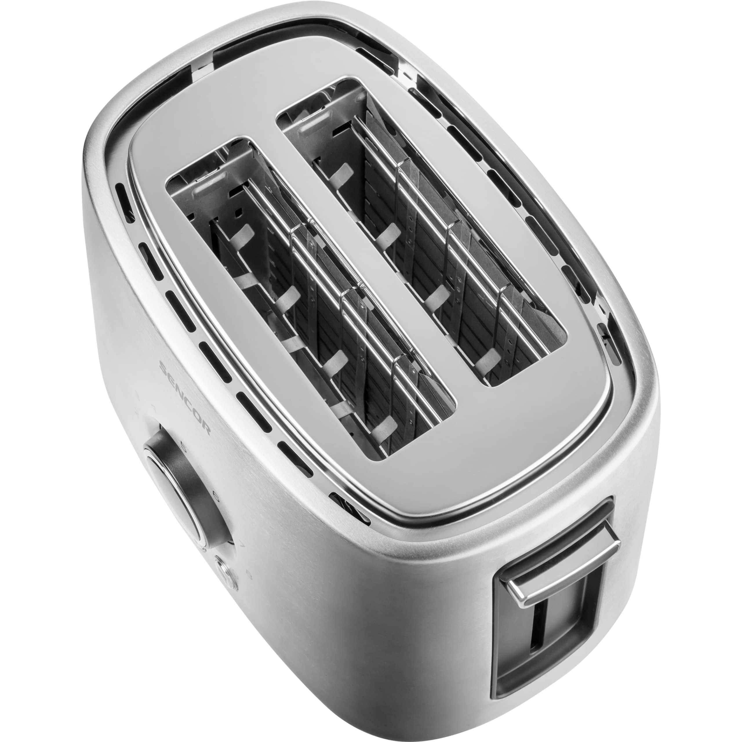 Ein silberner Sencor-Toaster von oben mit zwei Schlitzen, einem Kontrollknopf und einem Hebel auf weißem Hintergrund.