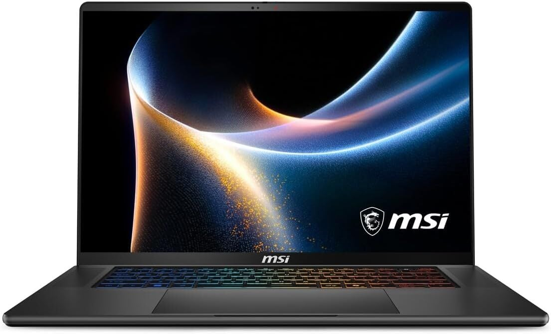 Açık siyah bir MSI dizüstü bilgisayar, ekranında dalgalar içeren canlı bir soyut duvar kağıdı gösteriyor.