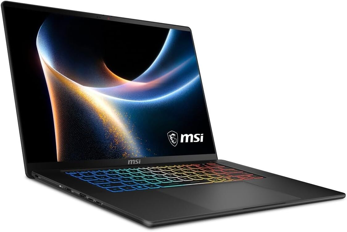 Siyah bir MSI dizüstü bilgisayar, ekranında renkli soyut bir tasarım gösterir ve arkadan aydınlatmalı klavyeye sahiptir.