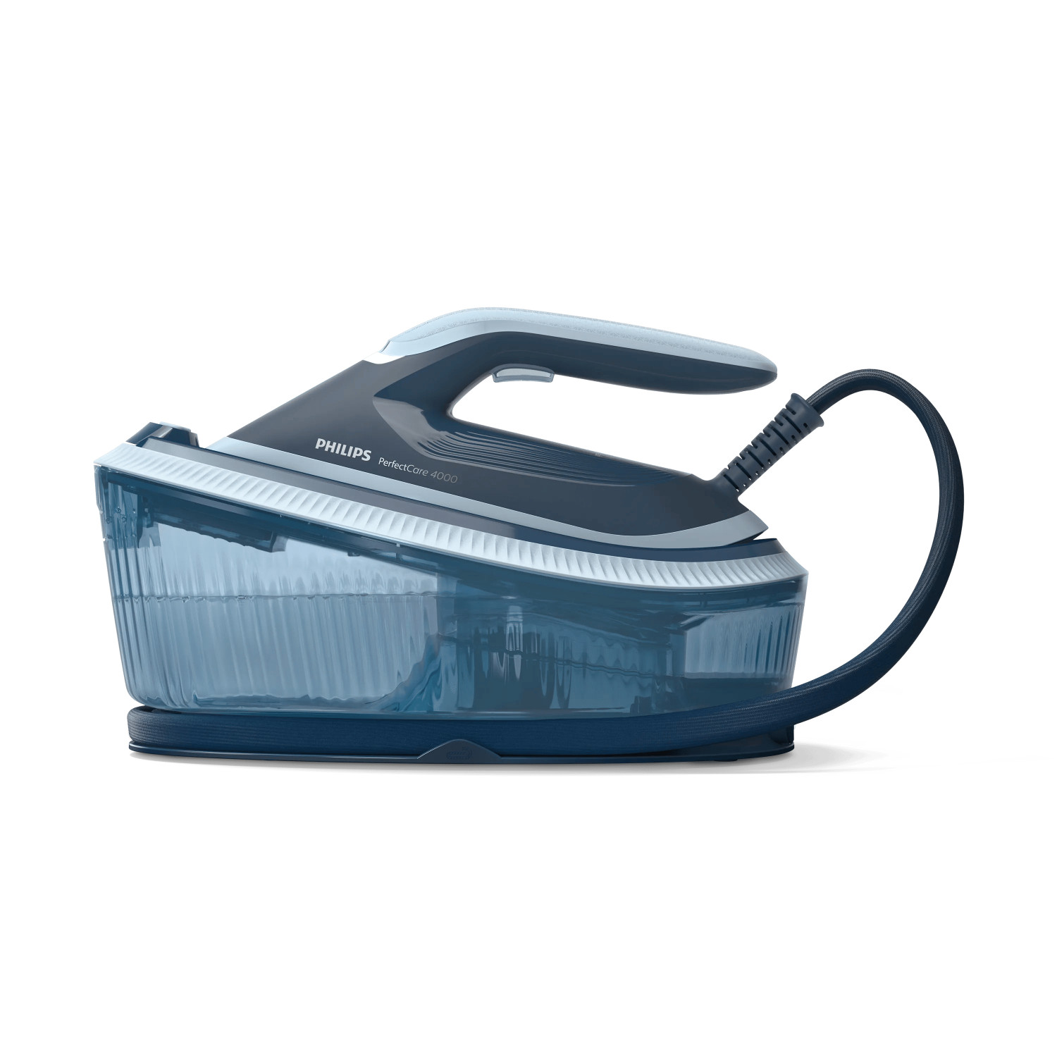 Ferro da stiro a caldaia blu Philips PerfectCare 4000 su sfondo bianco.