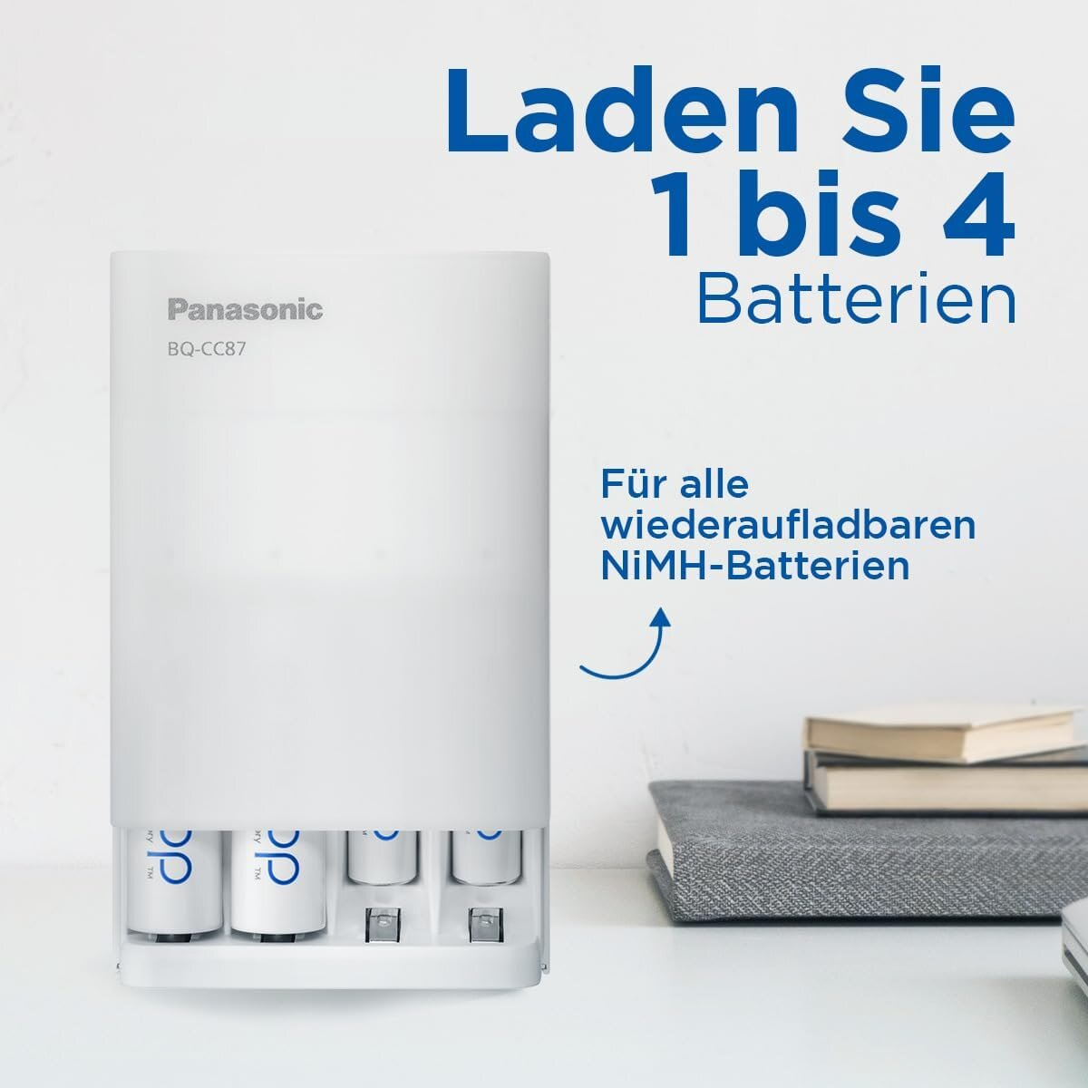 Ładowarka do akumulatorów Panasonic na jasnym stole z tekstem.