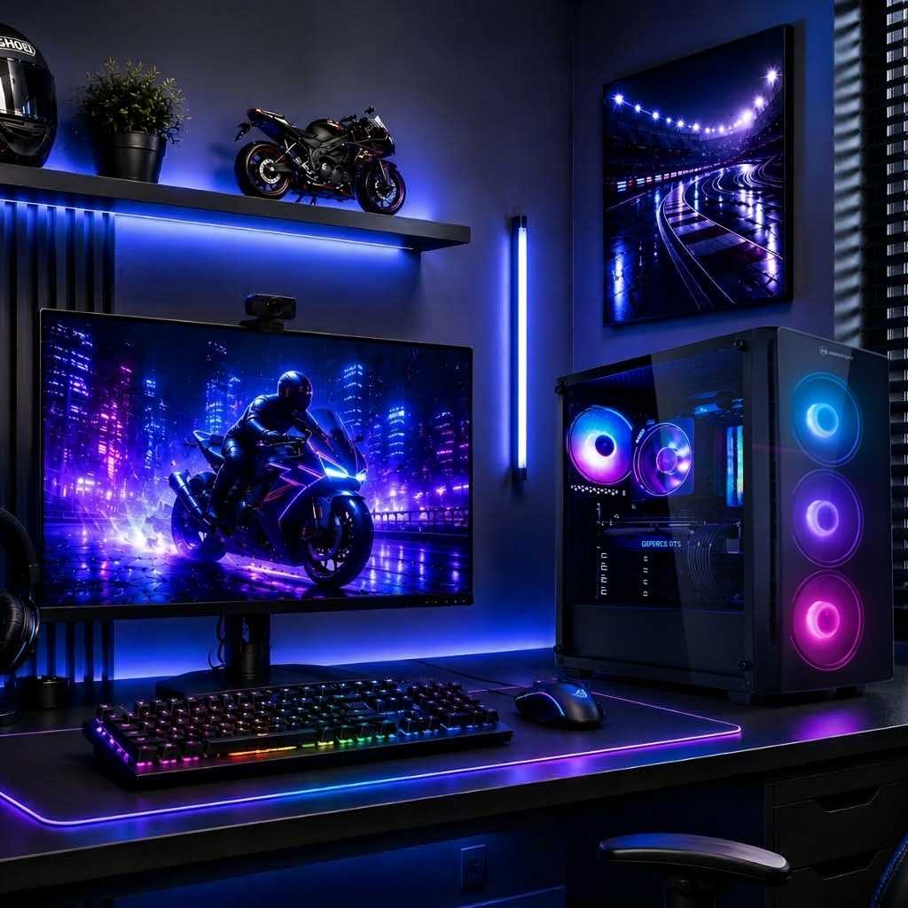 Ein Gaming-Setup mit blauer und lila LED-Beleuchtung, Monitor, Tastatur, Maus und PC-Tower.