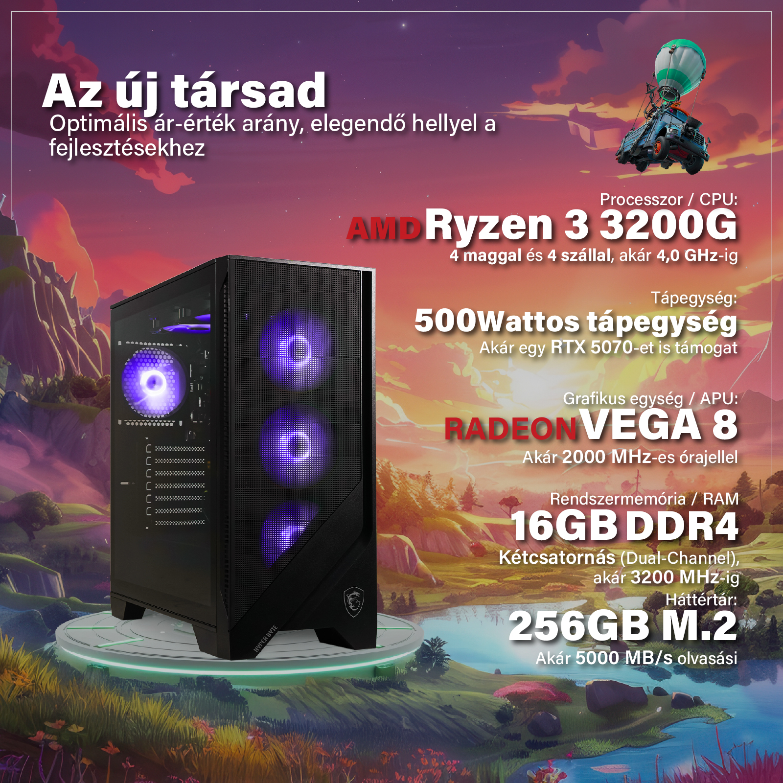 Gamer PC promóciós poszter AMD Ryzen processzorral, 16GB RAM-mal és specifikációkkal fantázia háttérrel.