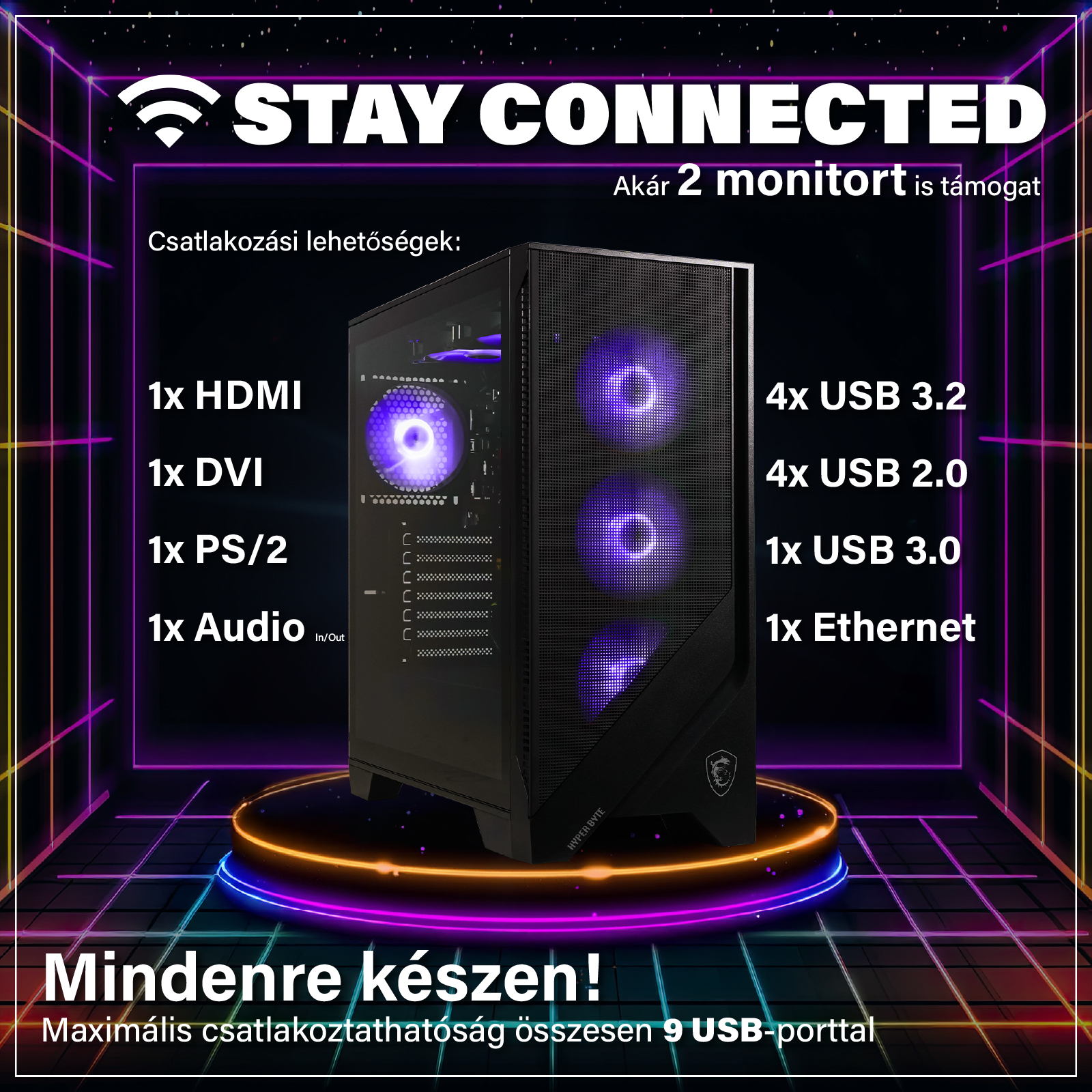 Játék PC megvilágított talapzaton, lila fénnyel és felsorolt csatlakozókkal egy futurista neon szobában.