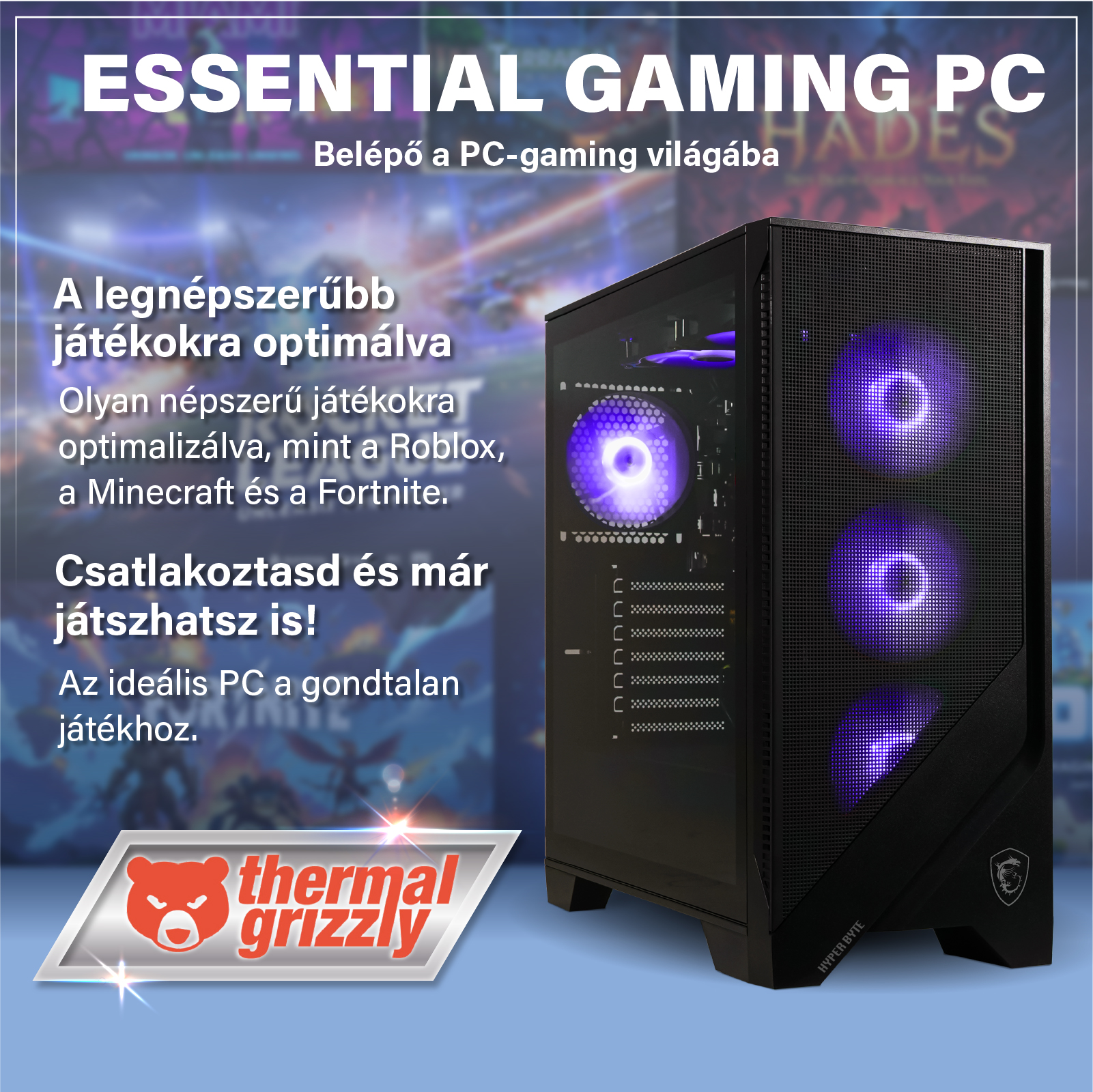 Egy fekete gamer PC világító lila ventilátorokkal és magyar promóciós szöveggel a háttérben.