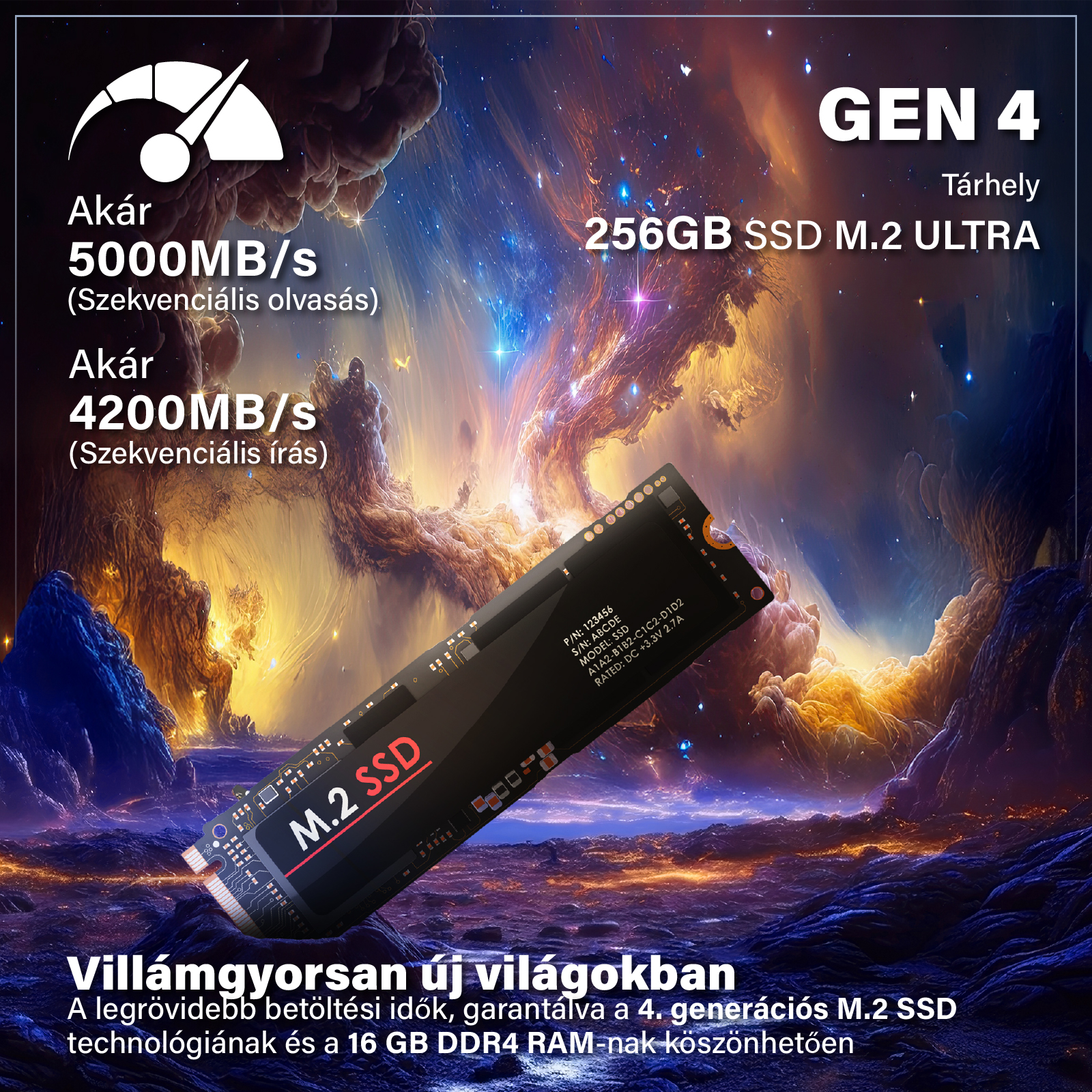 Egy fekete M.2 SSD színes kozmikus háttér előtt, Gen 4-ről és olvasási sebességről szóló szöveggel.