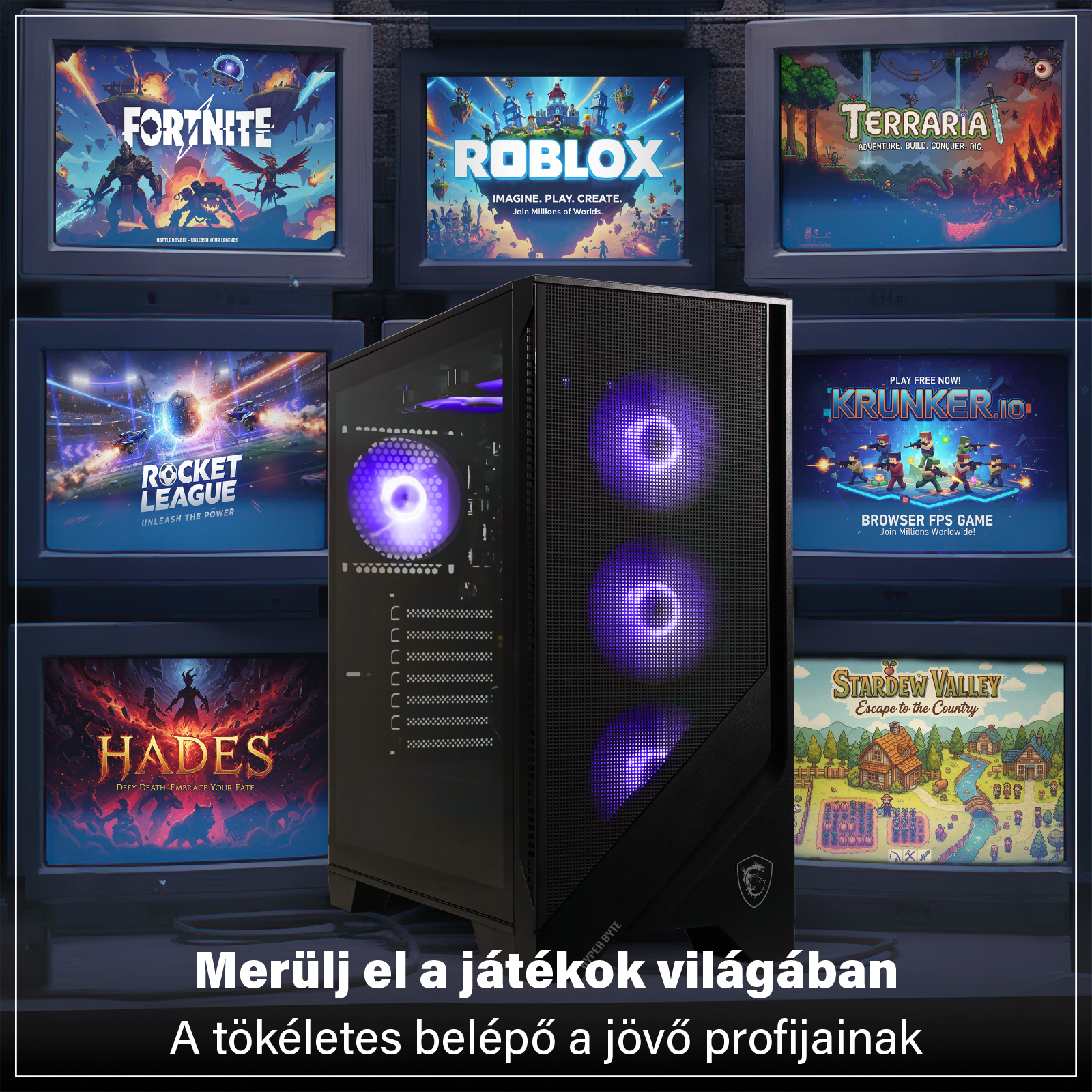 Világító gamer PC népszerű videójátékokat, például Fortnite-ot mutató monitorok előtt.