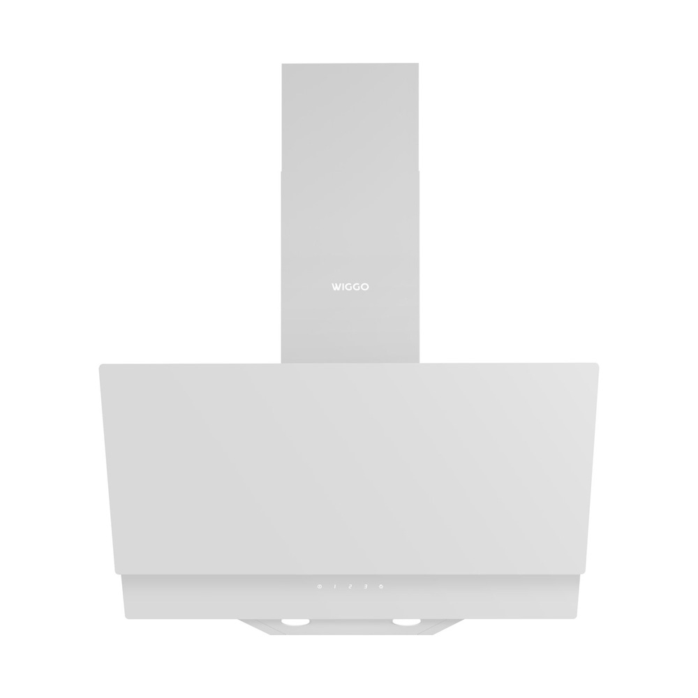 A modern white kitchen extractor hood with a tall chimney and touch controls on a white background.