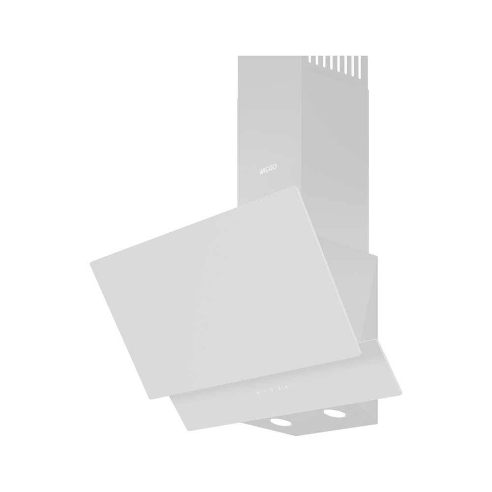 A white inclined cooker hood with wall chimney and integrated lights on a white background.