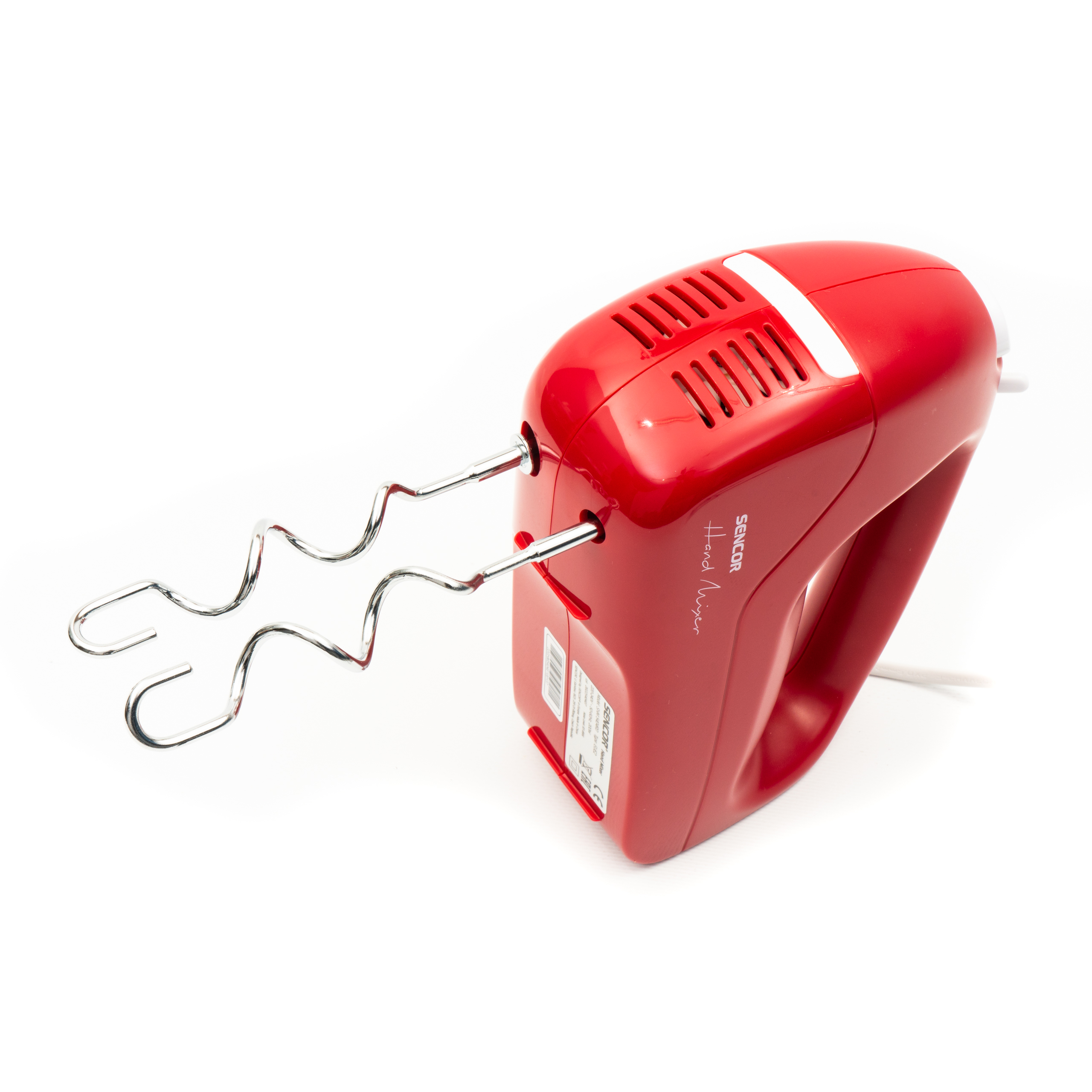 Una batidora de mano eléctrica roja con dos ganchos para masa cromados sobre fondo blanco.