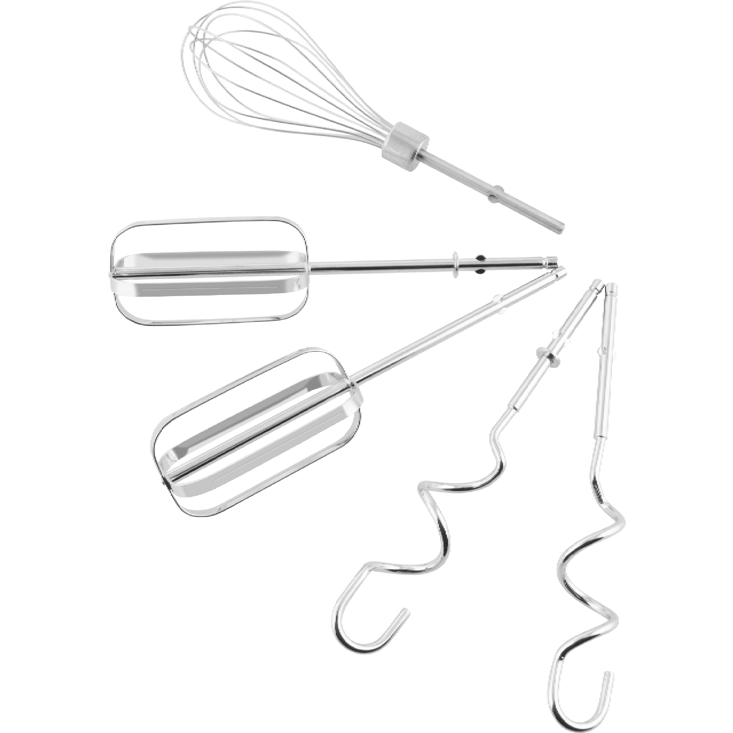Cuatro accesorios de batidora de acero inoxidable, un batidor, dos varillas y dos ganchos para masa, en fondo blanco.