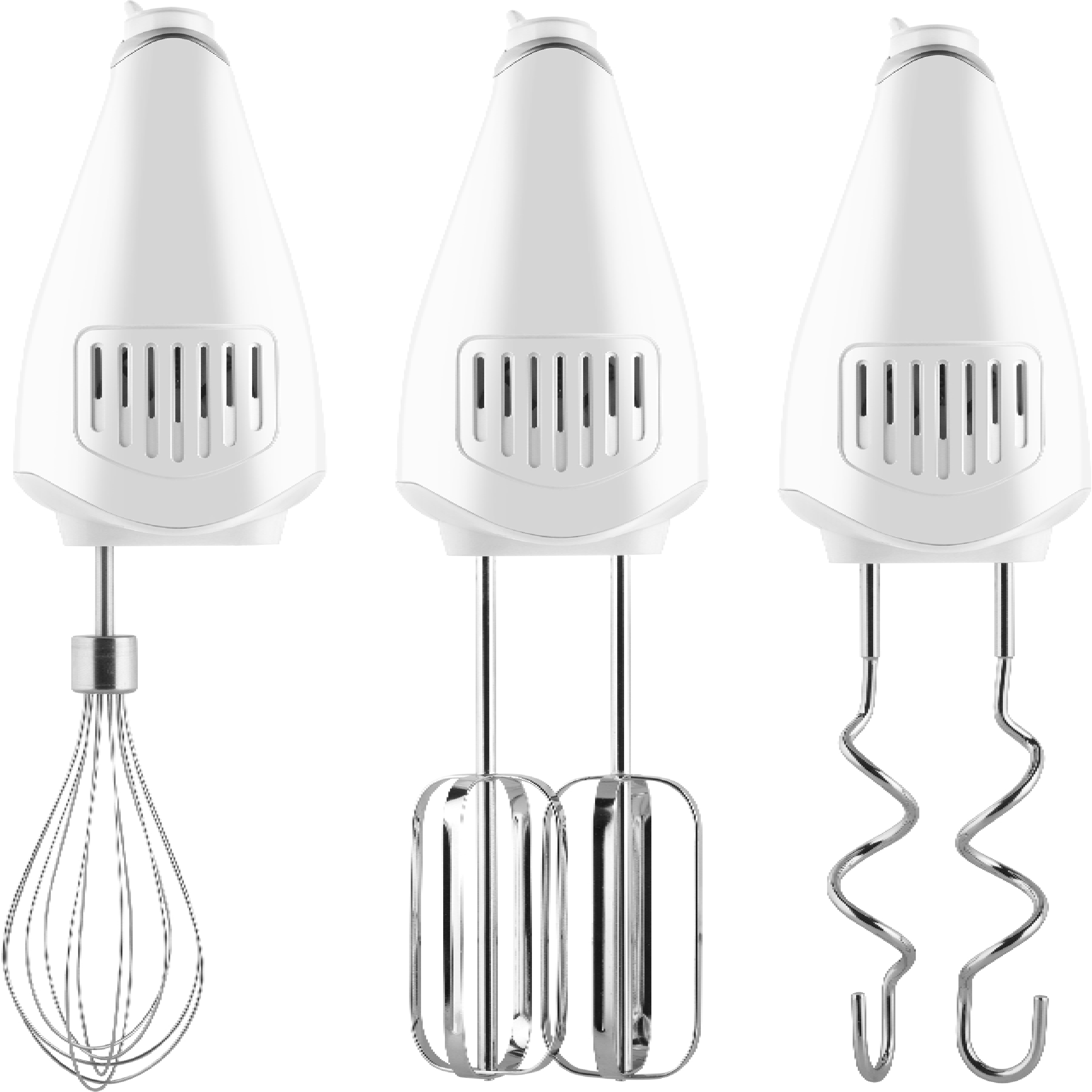 Tres batidoras de mano blancas con diferentes accesorios: un batidor de globo, varillas y ganchos amasadores, sobre fondo blanco.