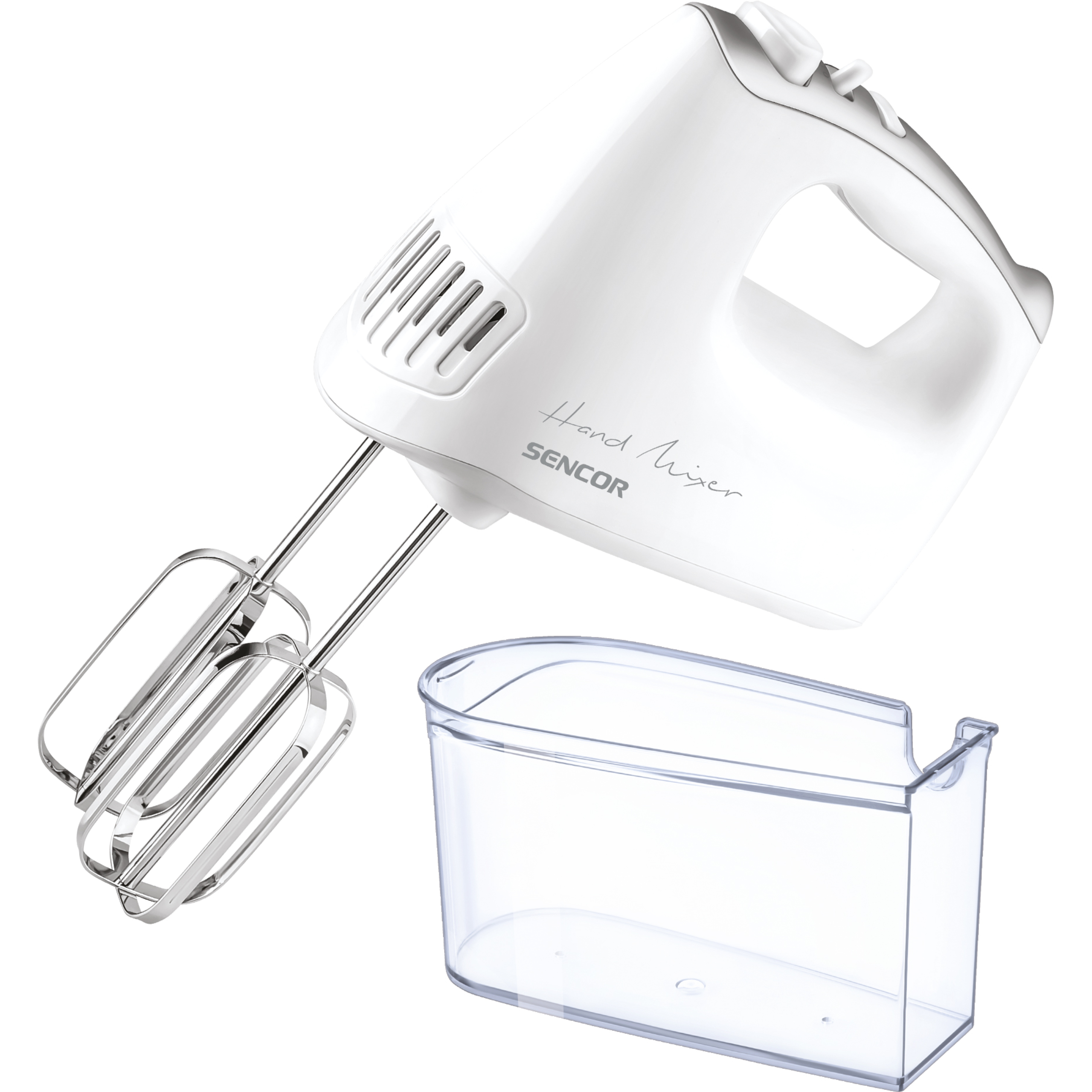 Una batidora de mano Sencor blanca con varillas cromadas flota sobre un recipiente de plástico transparente.