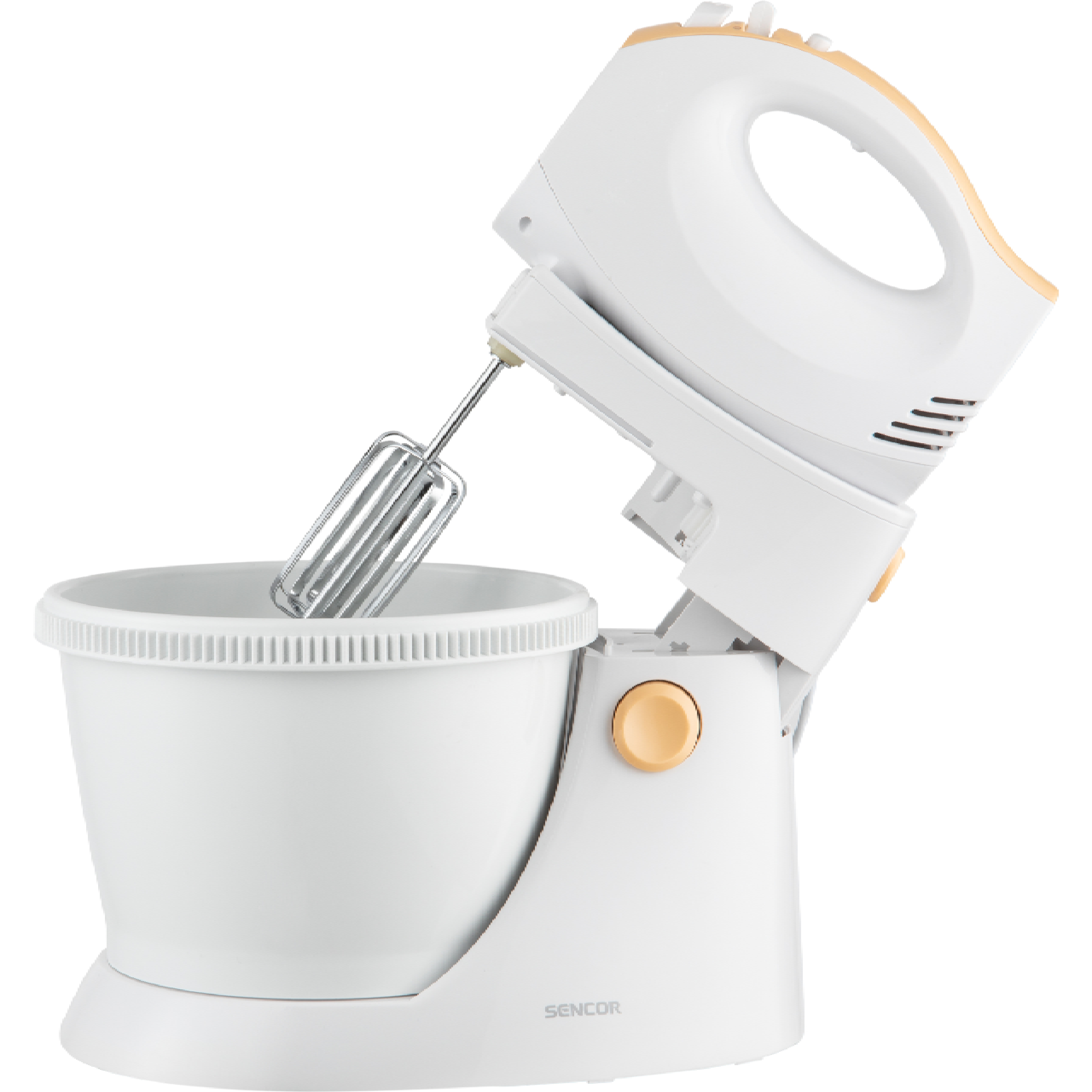 Una batidora de pedestal blanca con mango amarillo y bol sobre fondo blanco.