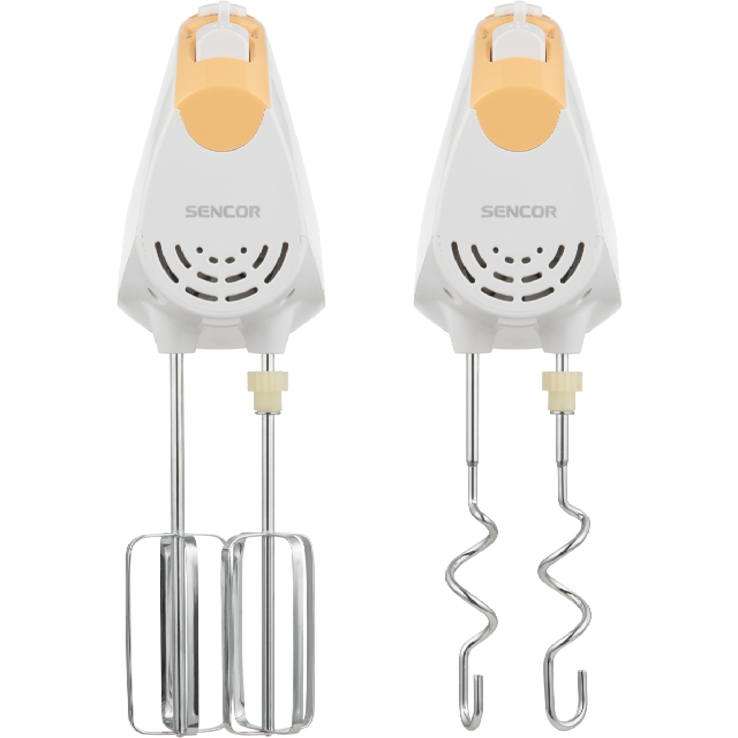 Dos batidoras manuales blancas Sencor con diferentes accesorios: una con varillas y otra con ganchos para masa.