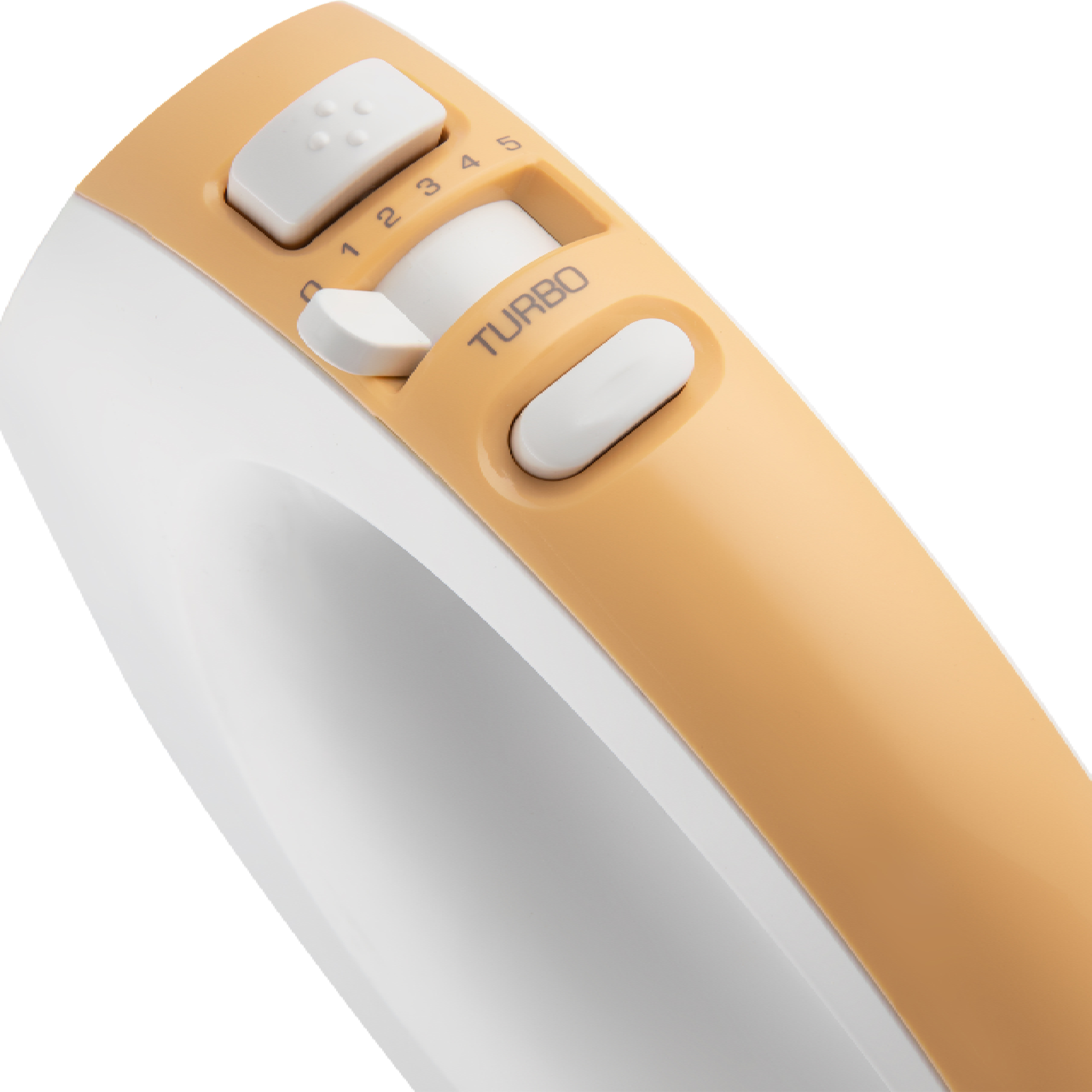 Primer plano de los botones de control y niveles de velocidad en una batidora de mano blanca y amarilla.