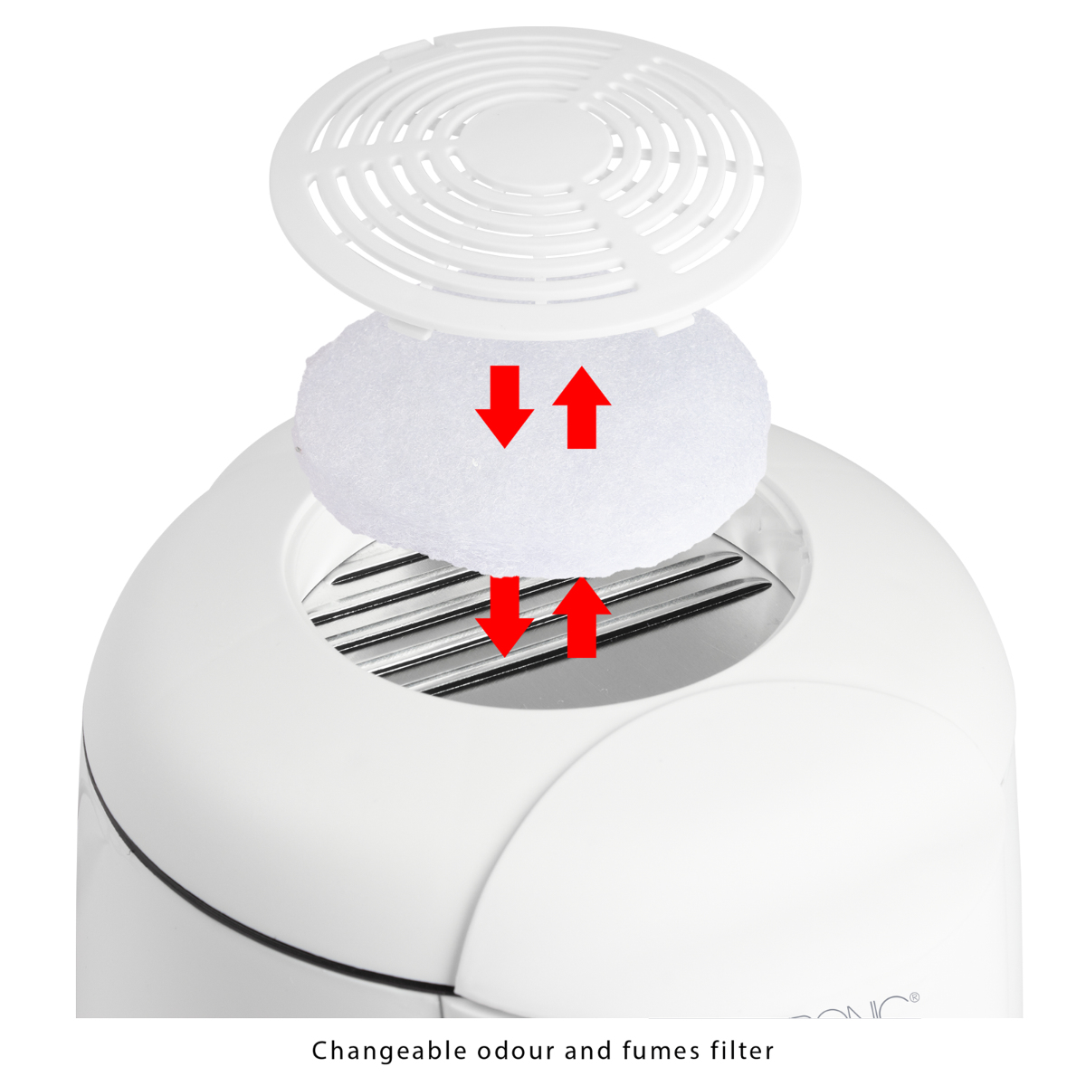 Electrodoméstico blanco con un filtro blanco extraíble y flechas rojas direccionales.