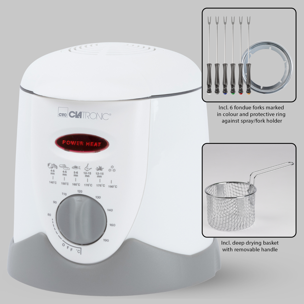 Freidora Clatronic blanca con control de temperatura, seis tenedores de fondue y cesta en fondo gris.