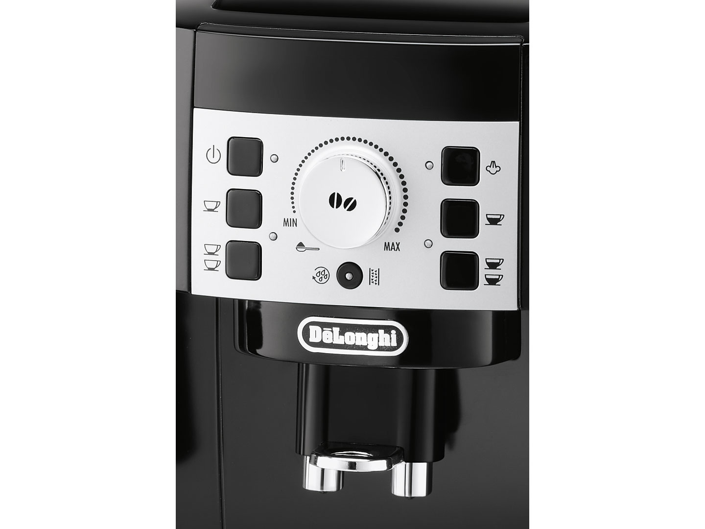 Panel de control de una cafetera DeLonghi negra con placa plateada, mando giratorio y botones.