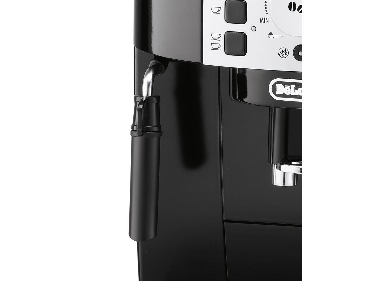 Primer plano de una cafetera DeLonghi negra y plateada que muestra el panel de control, el vaporizador y el dispensador.