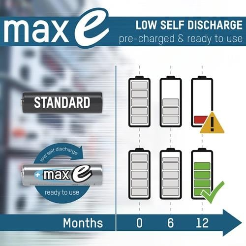 Vergleich der Selbstentladung zwischen Standard- und Max E-Akkus über 12 Monate.