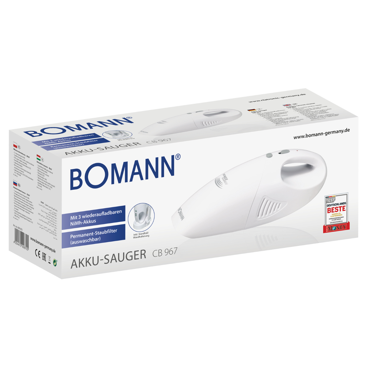 Verpackung eines weißen Bomann Akkusaugers CB 967 mit Zubehör.