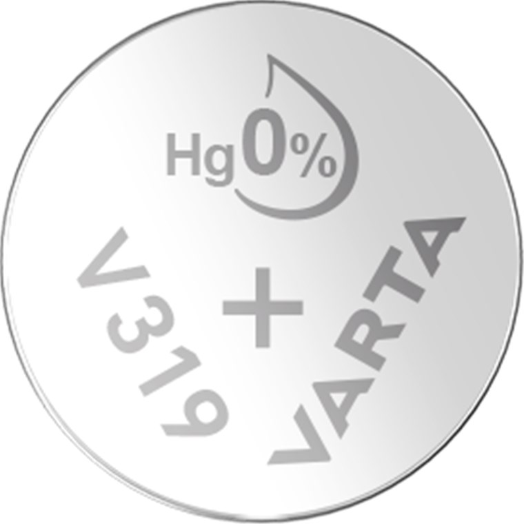 Una pila de botón gris VARTA V319 con el texto Hg 0%.