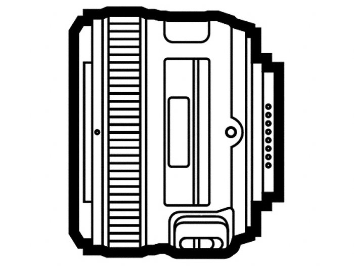 Un dibujo lineal en blanco y negro de un objetivo de cámara desde el lateral.