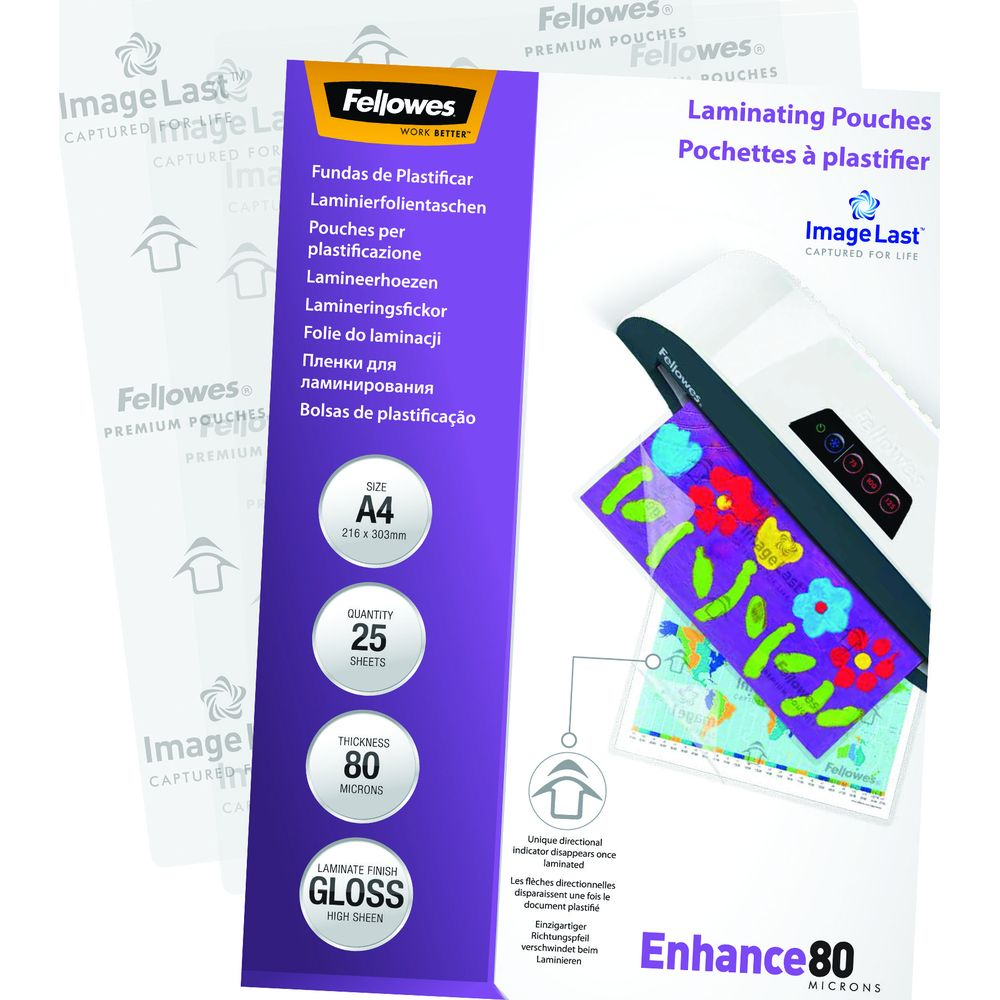 Fellowes A4-Laminierfolienpackung mit 25 Stück, 80 Mikron und Hochglanz-Finish.