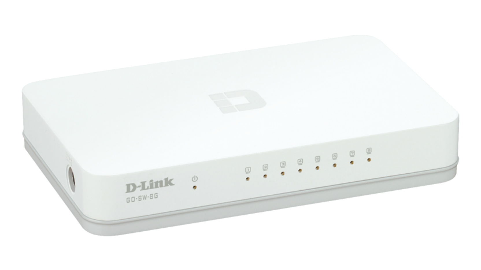 Un conmutador de red D-Link de 8 puertos blanco sobre fondo blanco, con luces indicadoras.