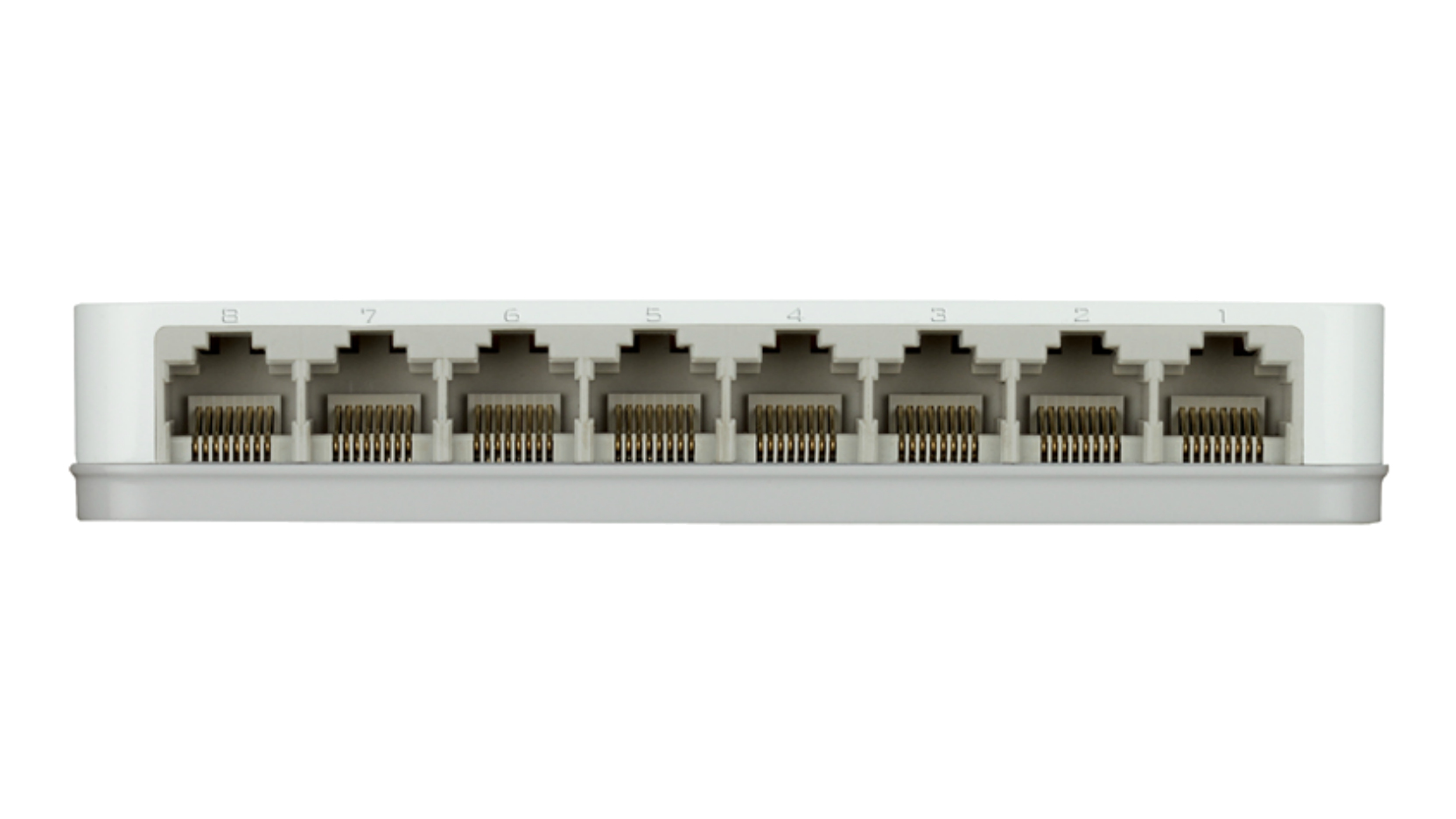 Un conmutador Ethernet blanco con ocho puertos RJ45 numerados sobre un fondo blanco.